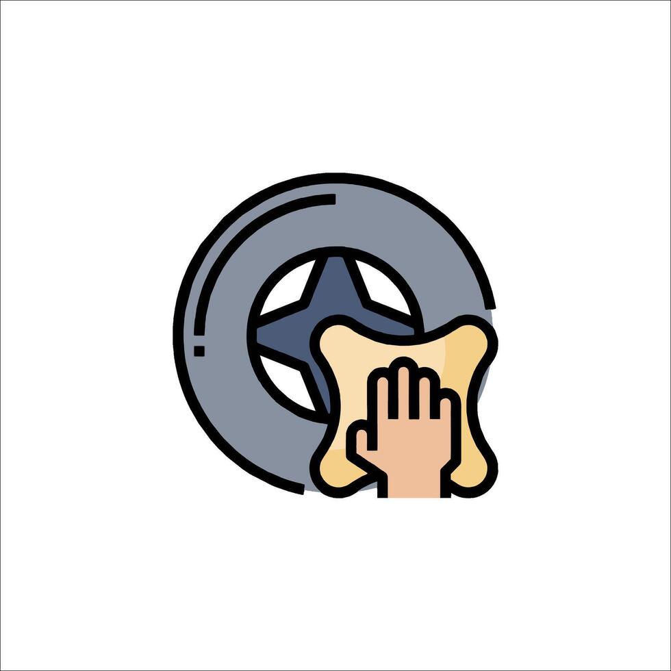 A hand is holding a tire and cleaning it vector