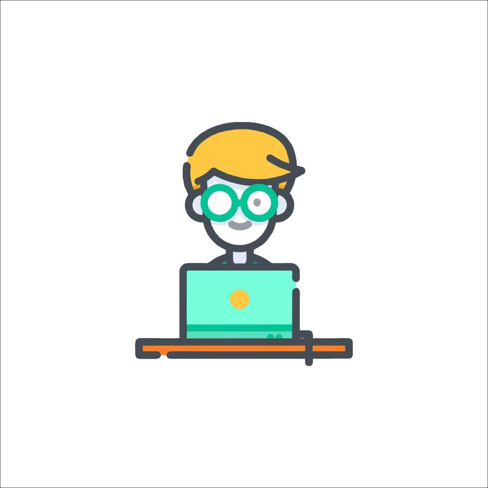 A man in glasses sitting at a desk with a laptop vector