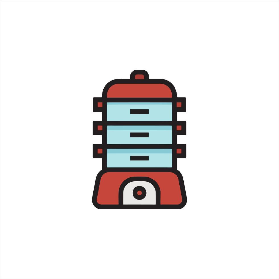 A red and white icon of a food processor vector