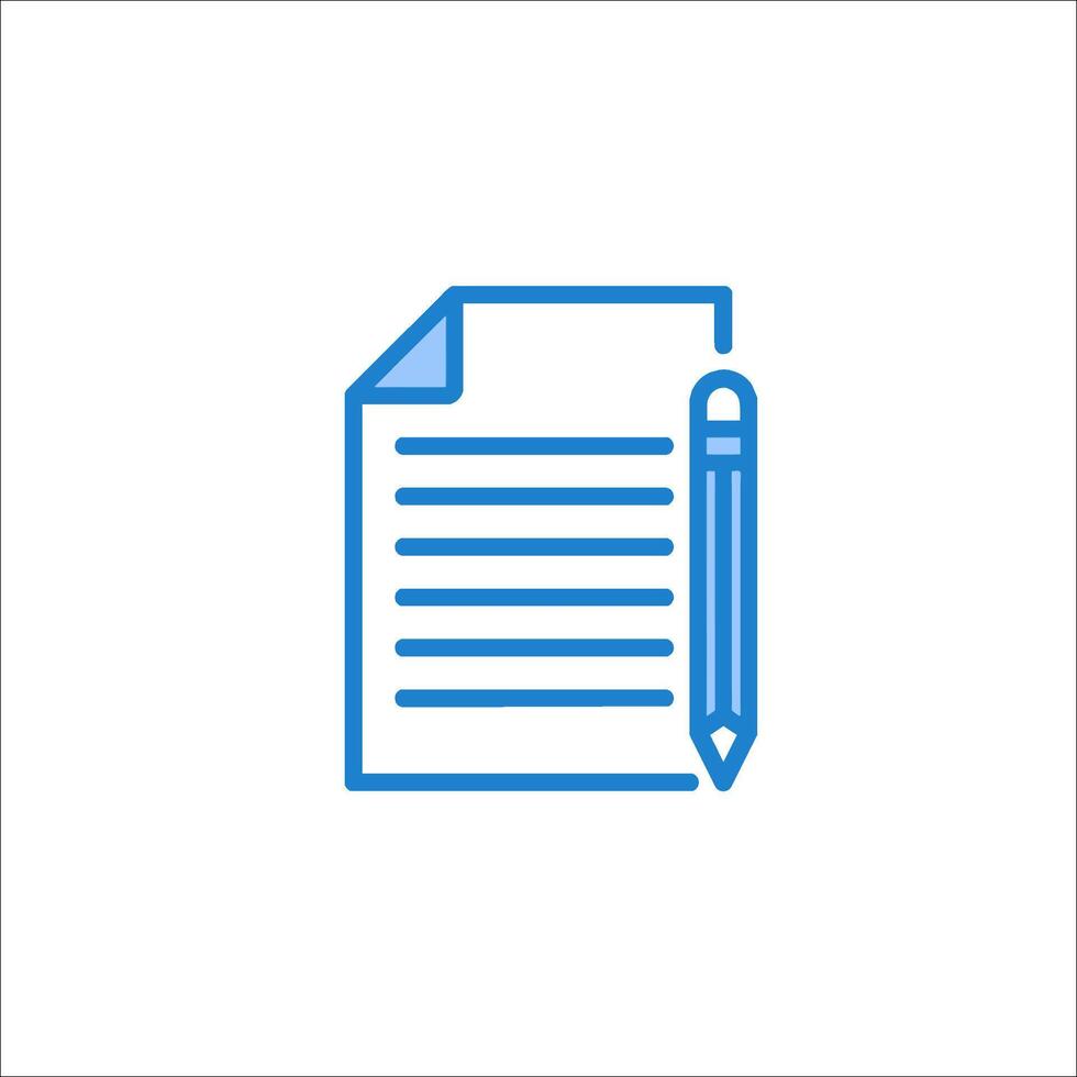 A blue line icon of a paper and pen vector