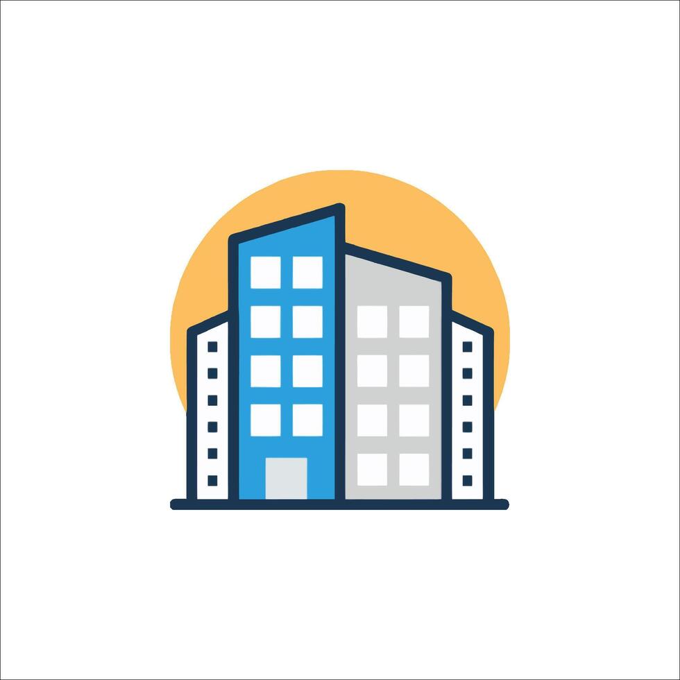 A building icon with a sun in the background vector