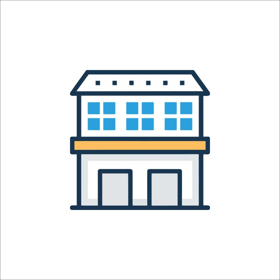 A building icon with a blue and yellow color scheme vector