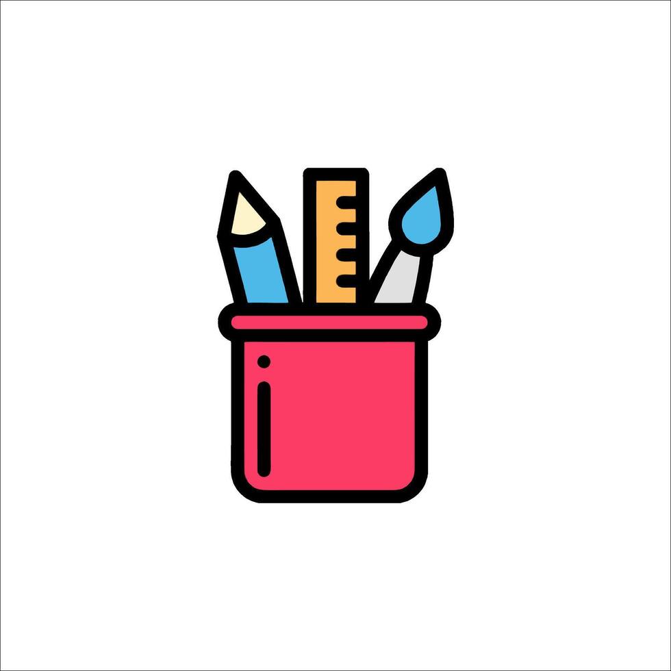 A red container with pencils and ruler in it vector
