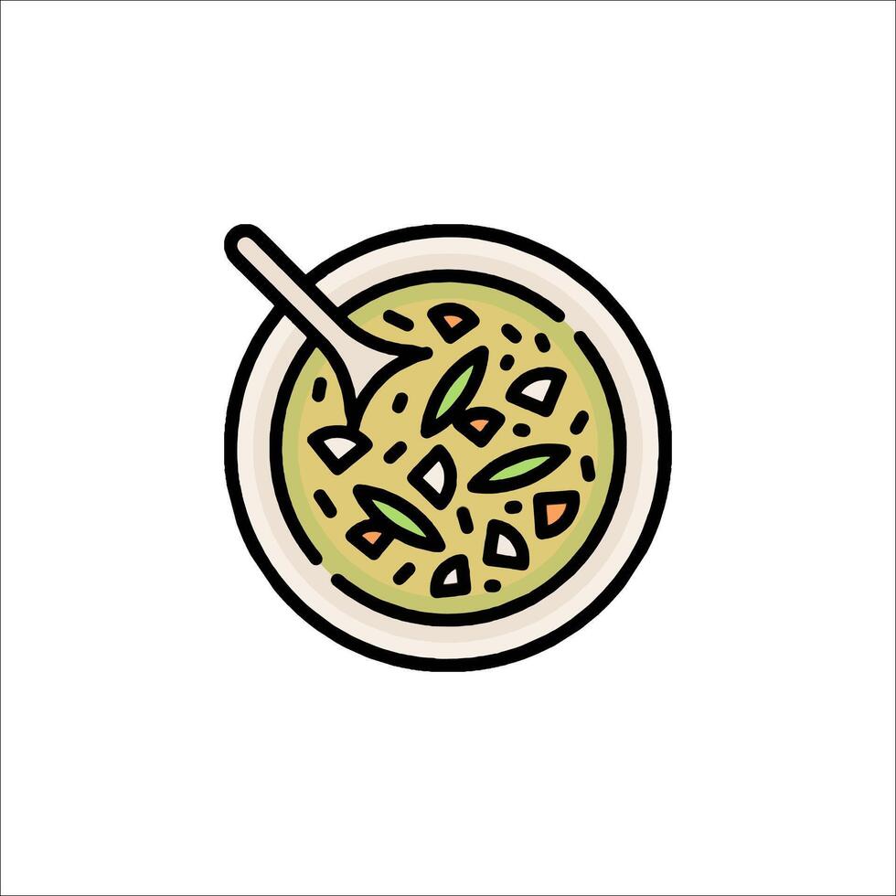 A bowl of soup with a spoon in it vector