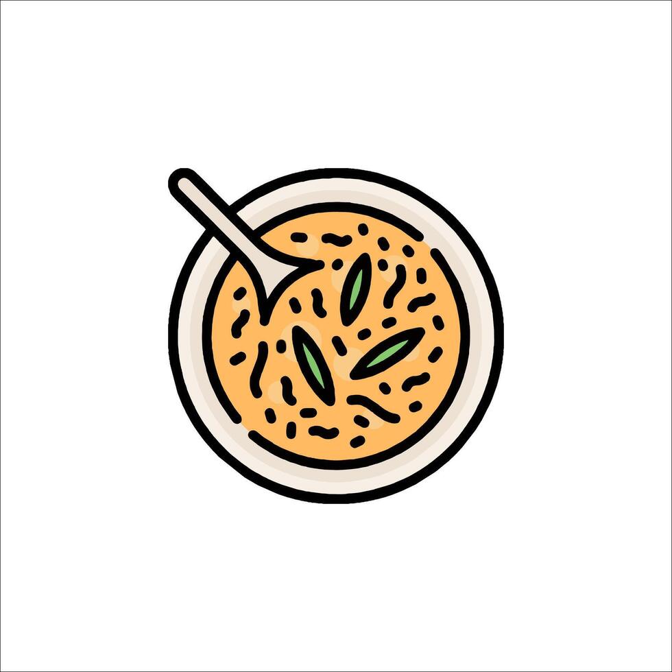 A bowl of soup with a spoon on top vector