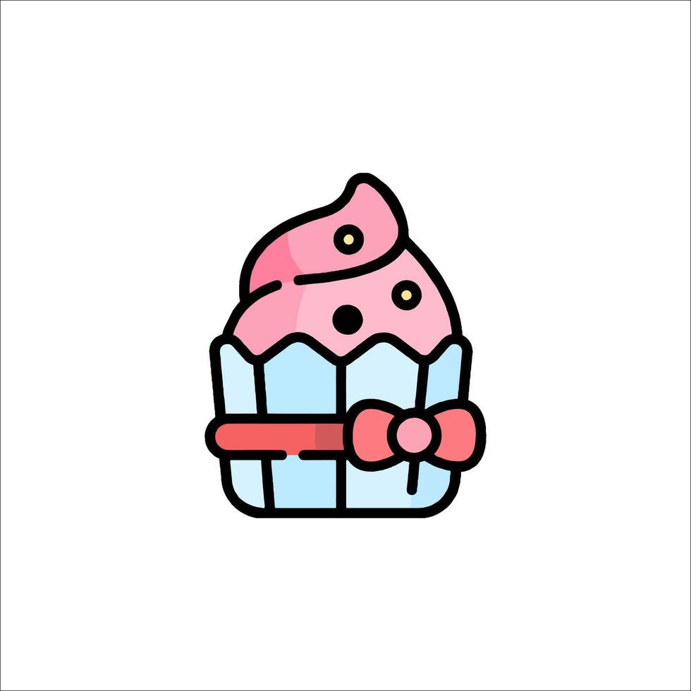 A cupcake icon with pink icing and a bow vector