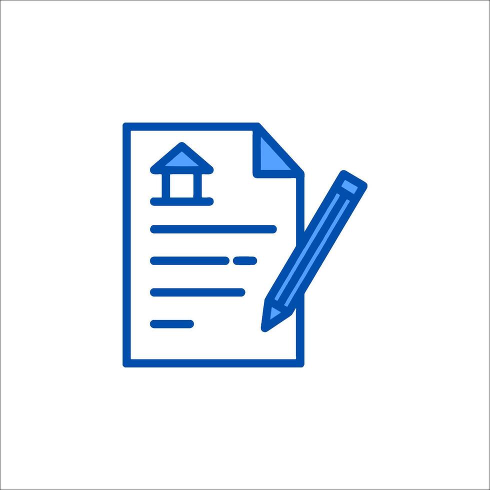 A blue outline icon of a house with a pen vector