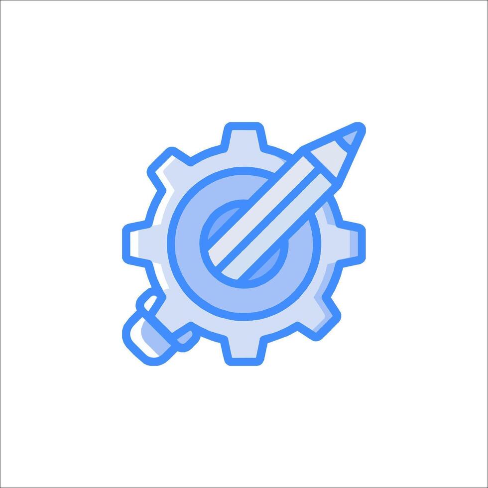 A blue and white icon of a pencil and gear vector