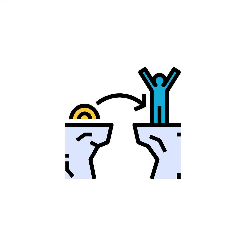 A man is standing on the edge of a cliff and reaching for a coin vector