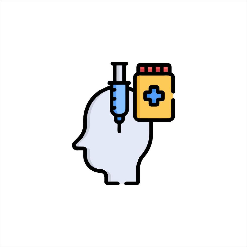 A syringe and a pill in the head of a person vector