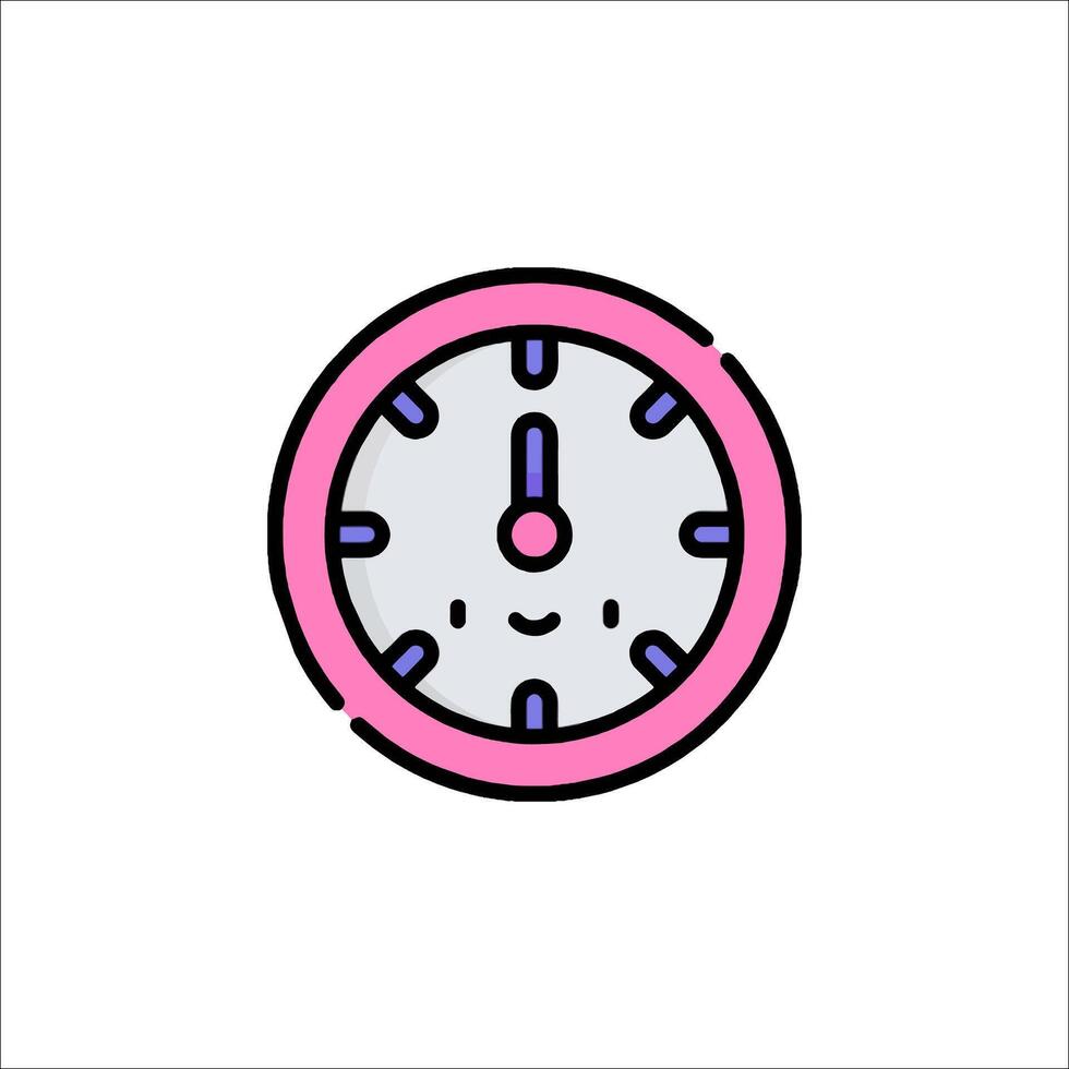 A pink clock icon with a smiley face vector
