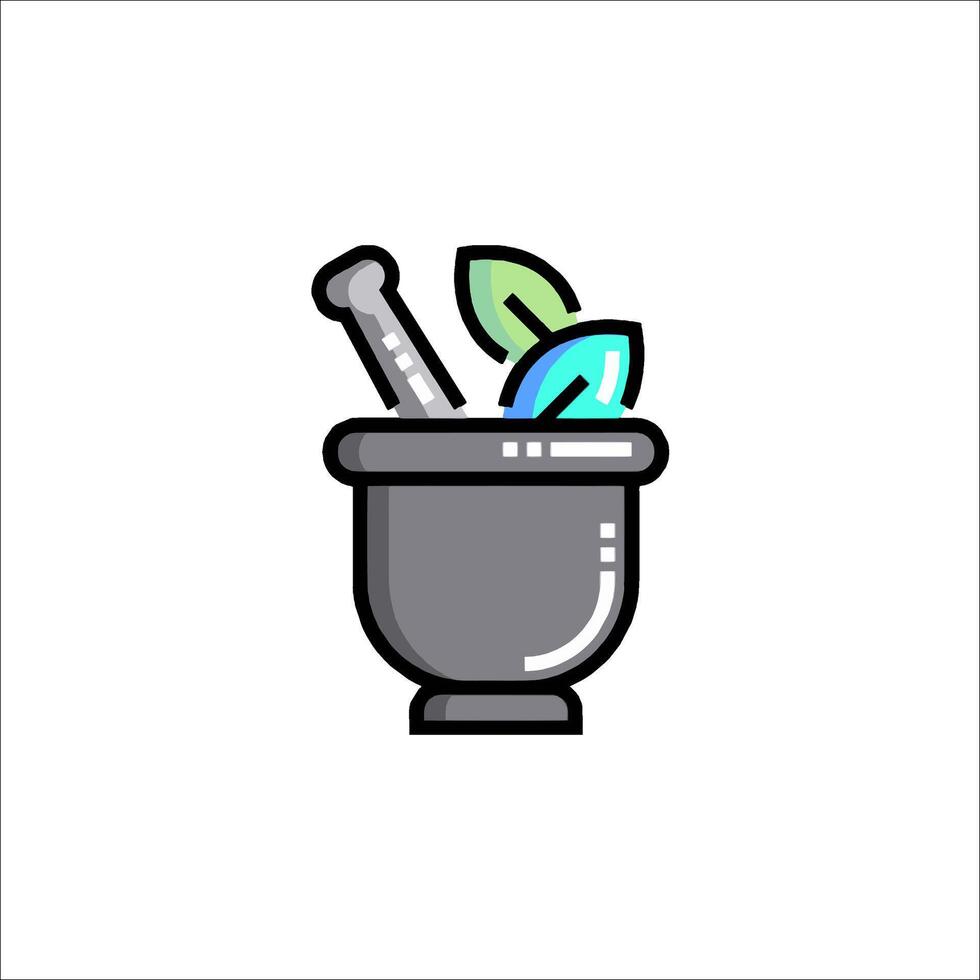 A mortar and pestle icon with a leaf inside vector