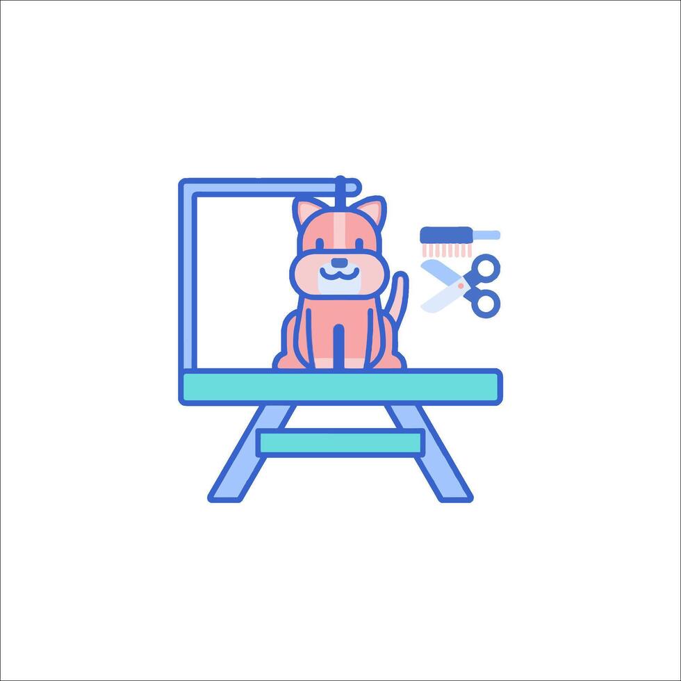 A dog sitting on a table with scissors and a mirror vector