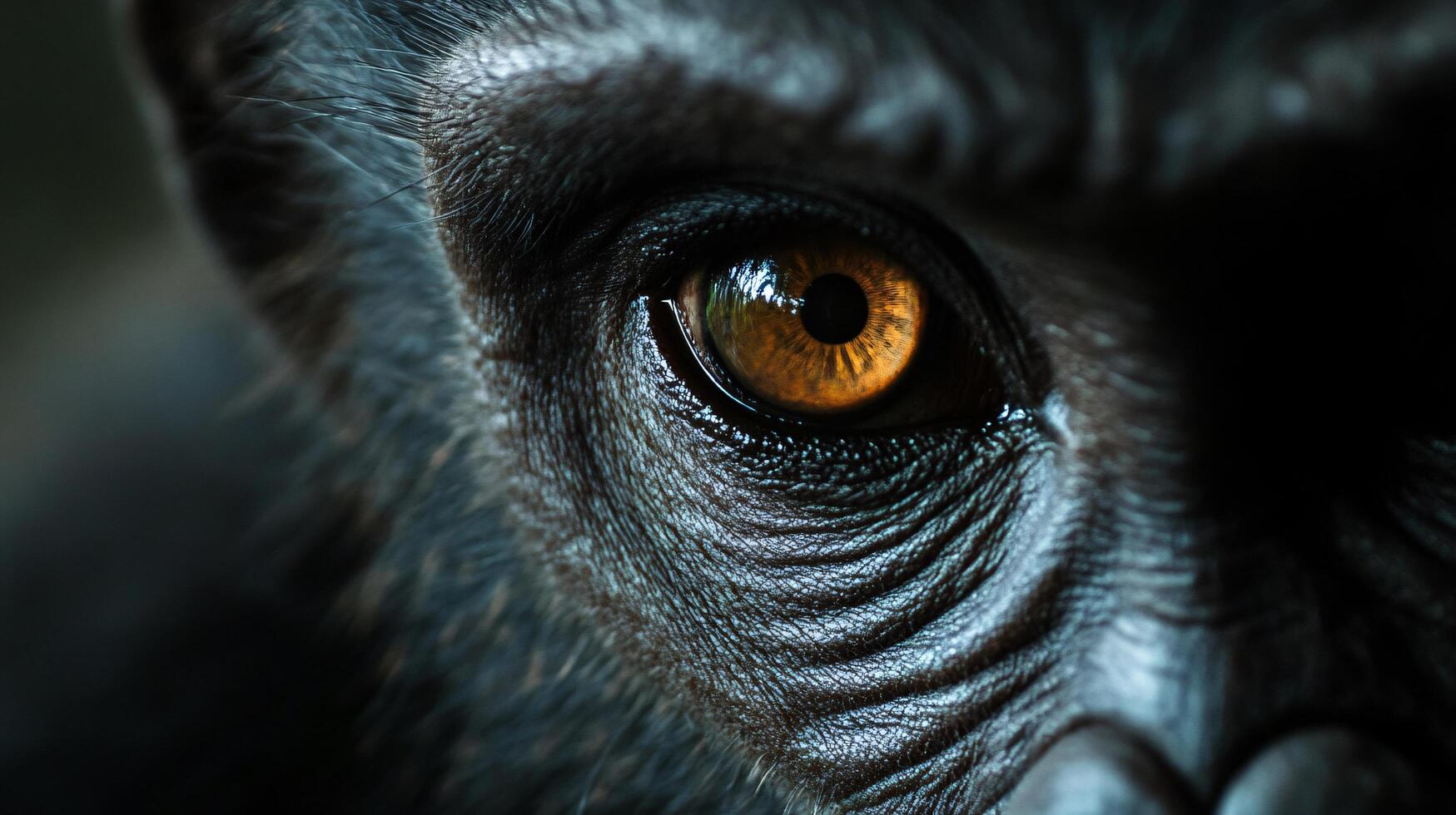Close up of a monkey's eye with a yellow iris. The eye is surrounded by a dark fur photo