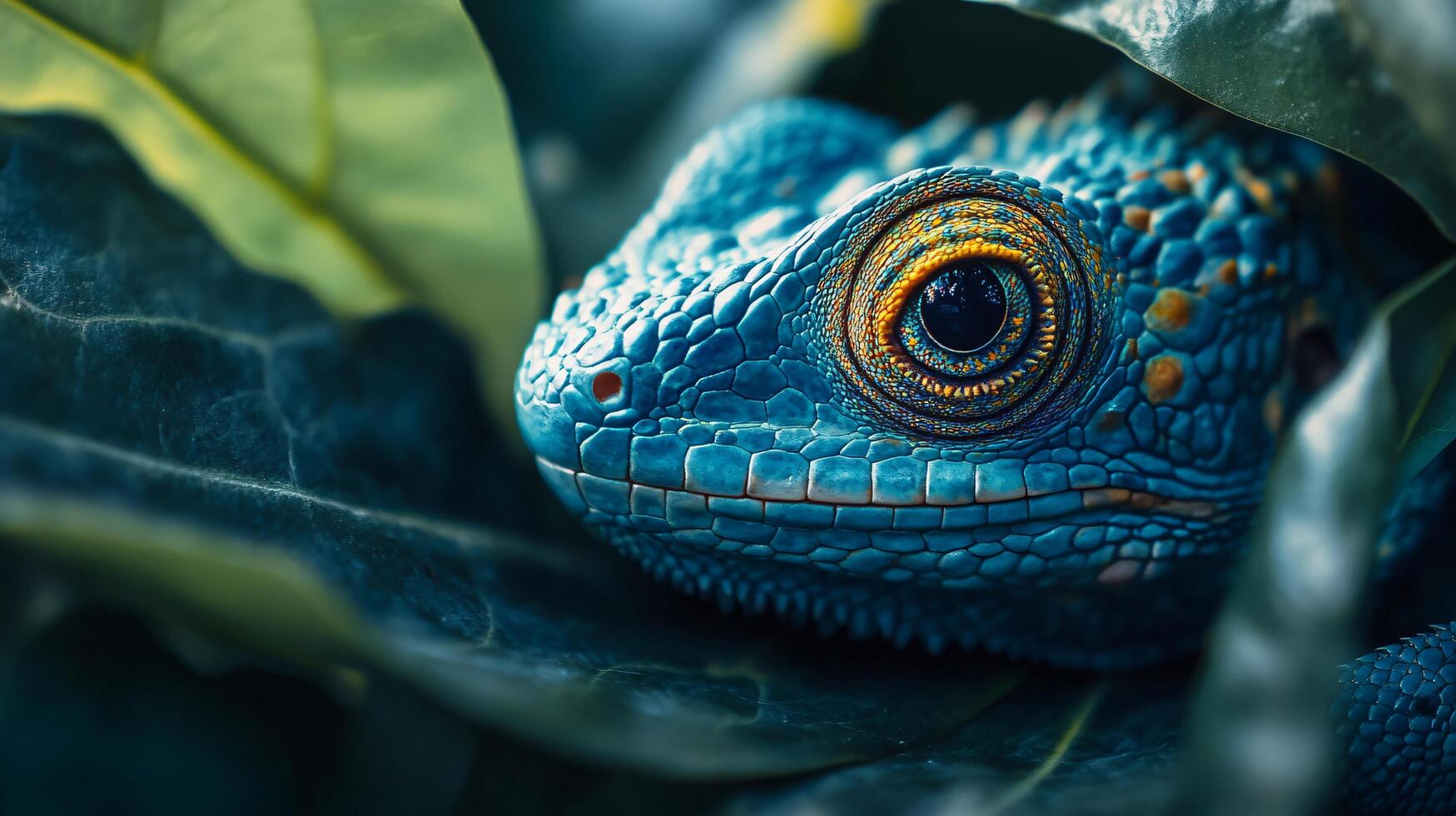 Blue and orange lizard is sitting on a leaf. The lizard has a very bright blue head and orange eyes photo