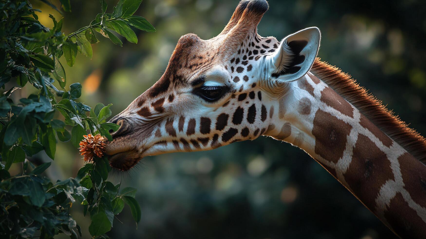 Giraffe is eating leaves from a tree. The giraffe is eating a red flower photo