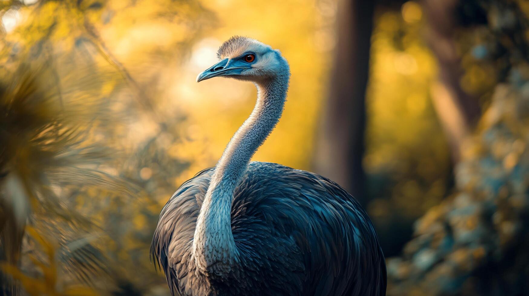 Large bird with a long neck and a white head stands in a forest. The bird is surrounded by trees and leaves, giving the impression of a peaceful and natural environment photo