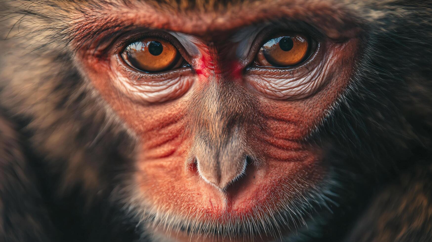 Close up of a monkey's face with red paint on its nose. The monkey's eyes are open and staring at the camera photo