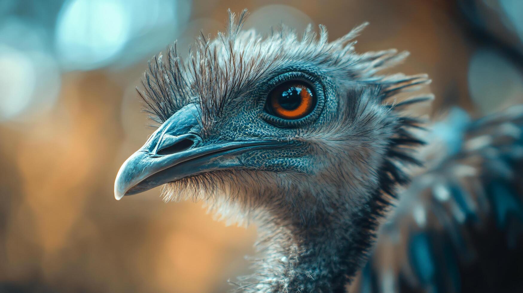 Baby ostrich with a red eye. The bird is looking at the camera. The image has a warm, inviting mood photo