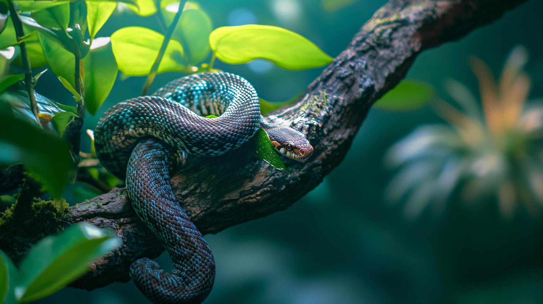 Green and blue snake is curled up on a branch. The snake is curled up in a way that makes it look like it is sleeping photo