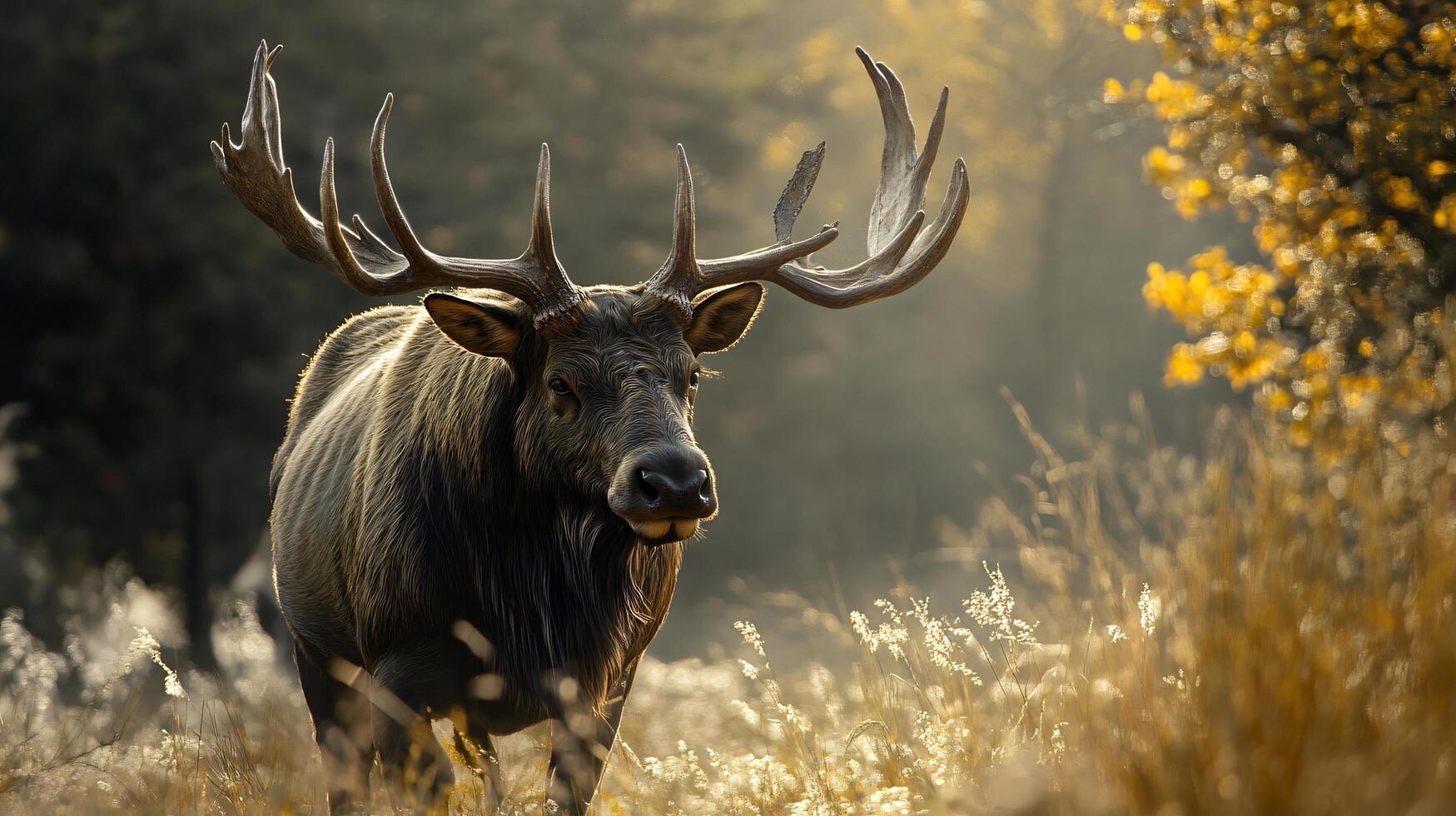 Large deer with antlers is walking through a field of tall grass. Concept of freedom and wildness, as the deer roams through its natural habitat photo