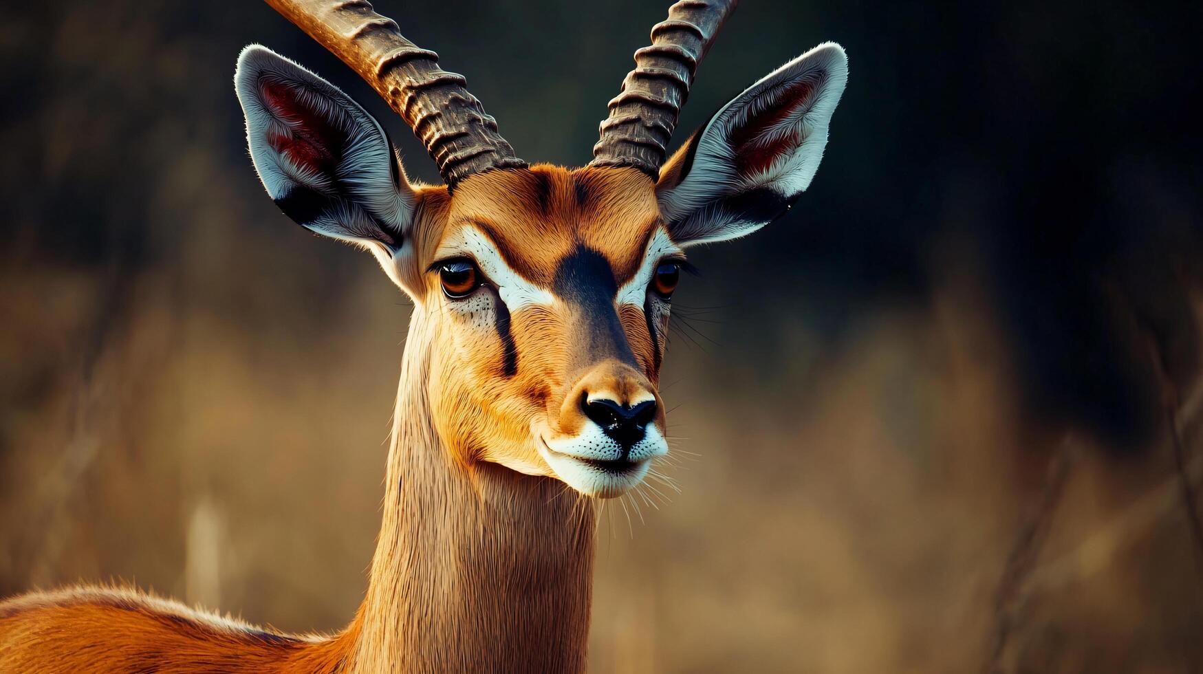 Deer with a large horn on its head. The deer is looking straight ahead. The image has a natural and peaceful feel to it photo