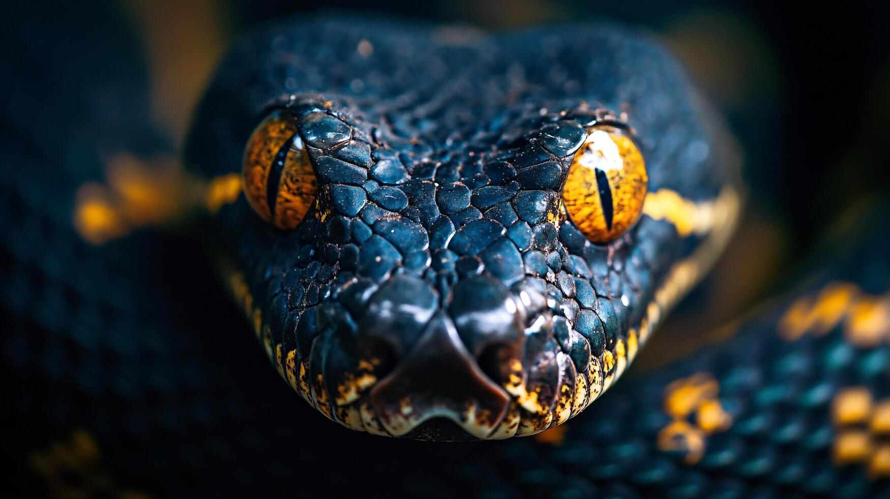 Close up of a black and yellow snake with yellow eyes. The snake has a black head and a black body photo