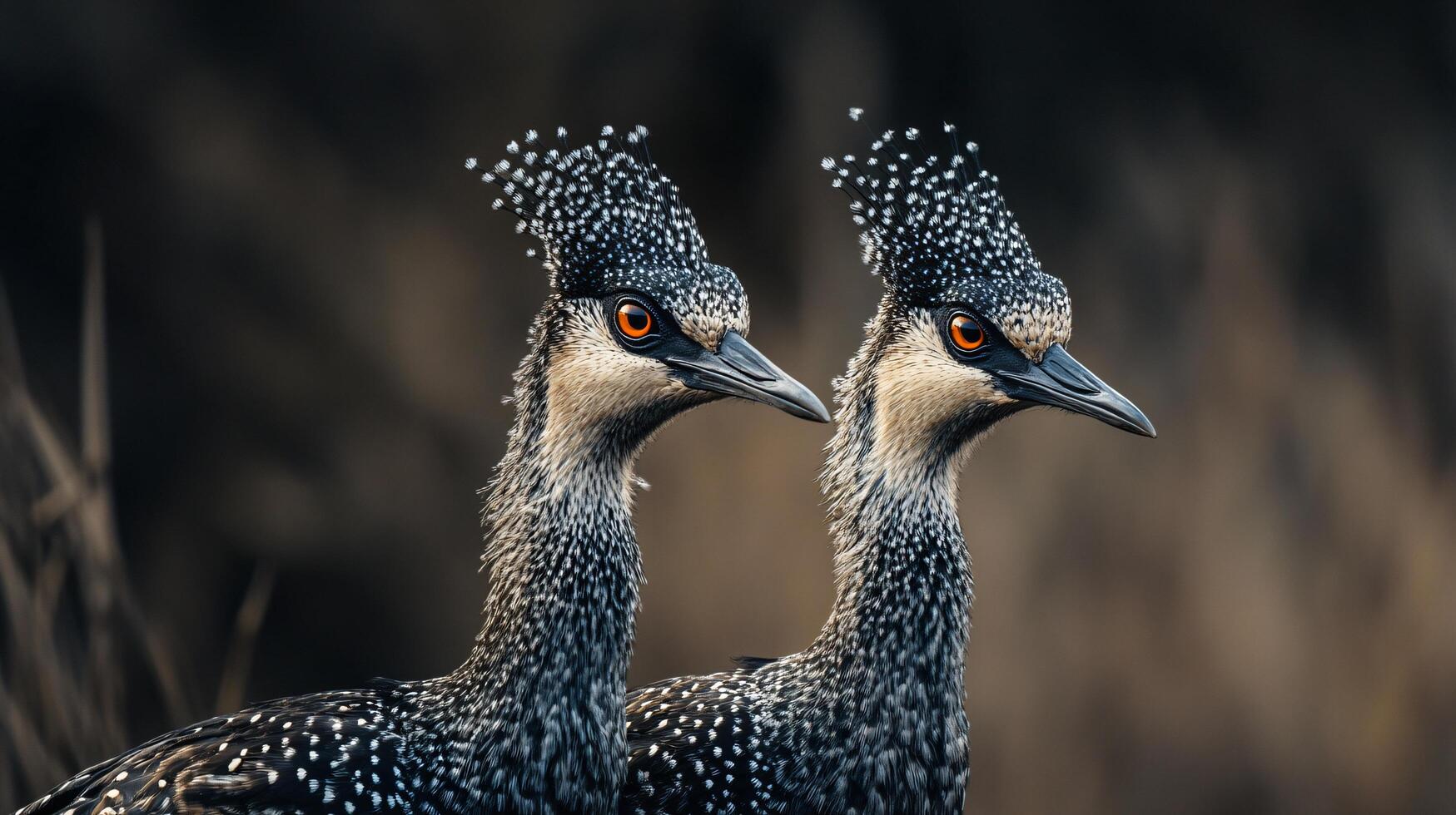Two birds with black and white feathers and black beaks. The birds are standing next to each other photo