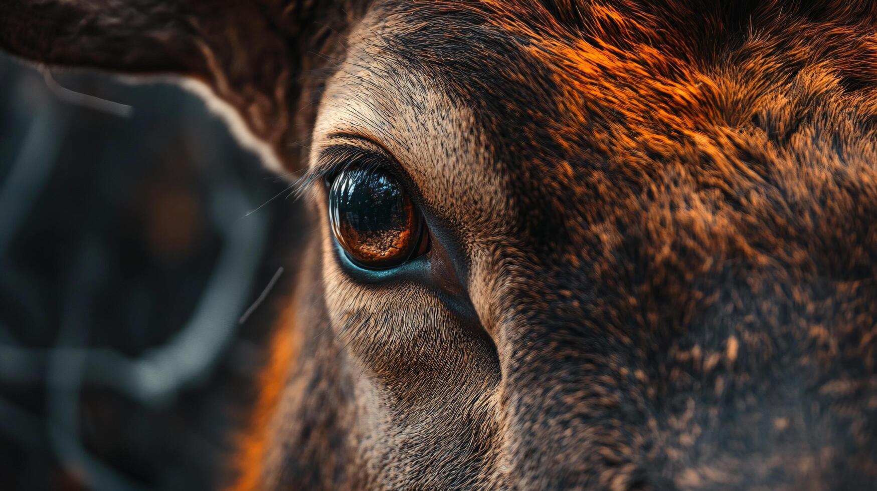 Close up of a deer's eye with a brownish tint. The eye is surrounded by fur and the fur is brown photo