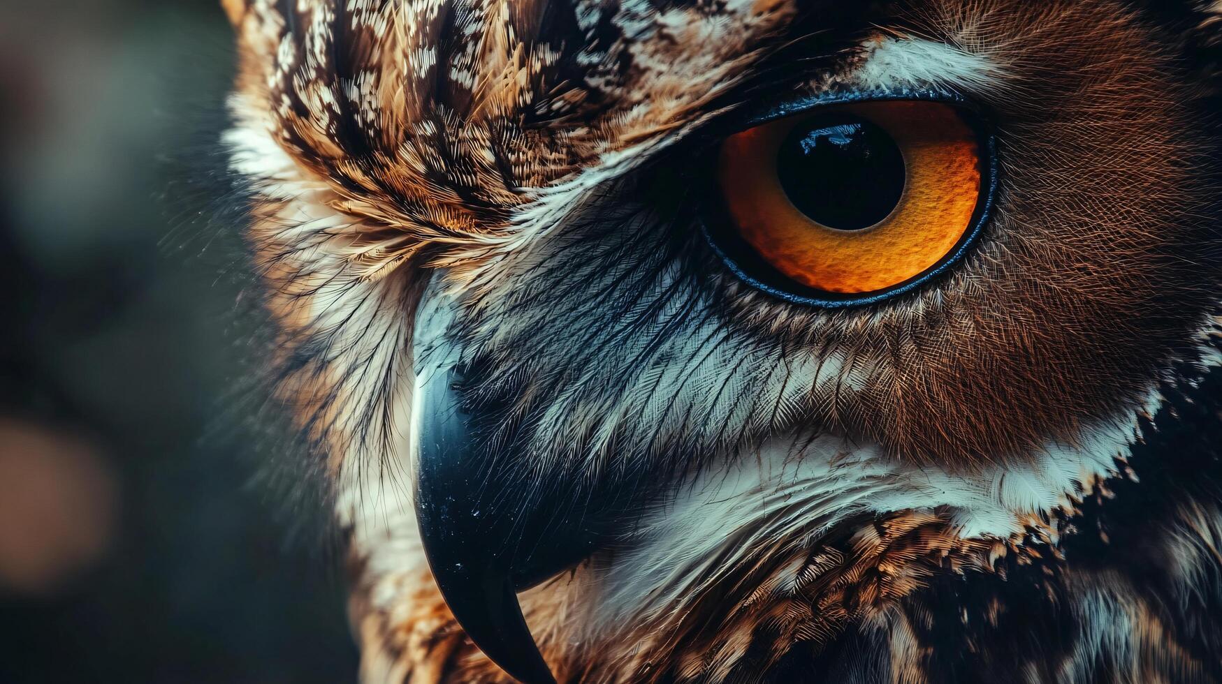 Close up of an owl's eye with a blue tint. The eye is large and has a yellow iris. The owl's face is surrounded by a dark background photo