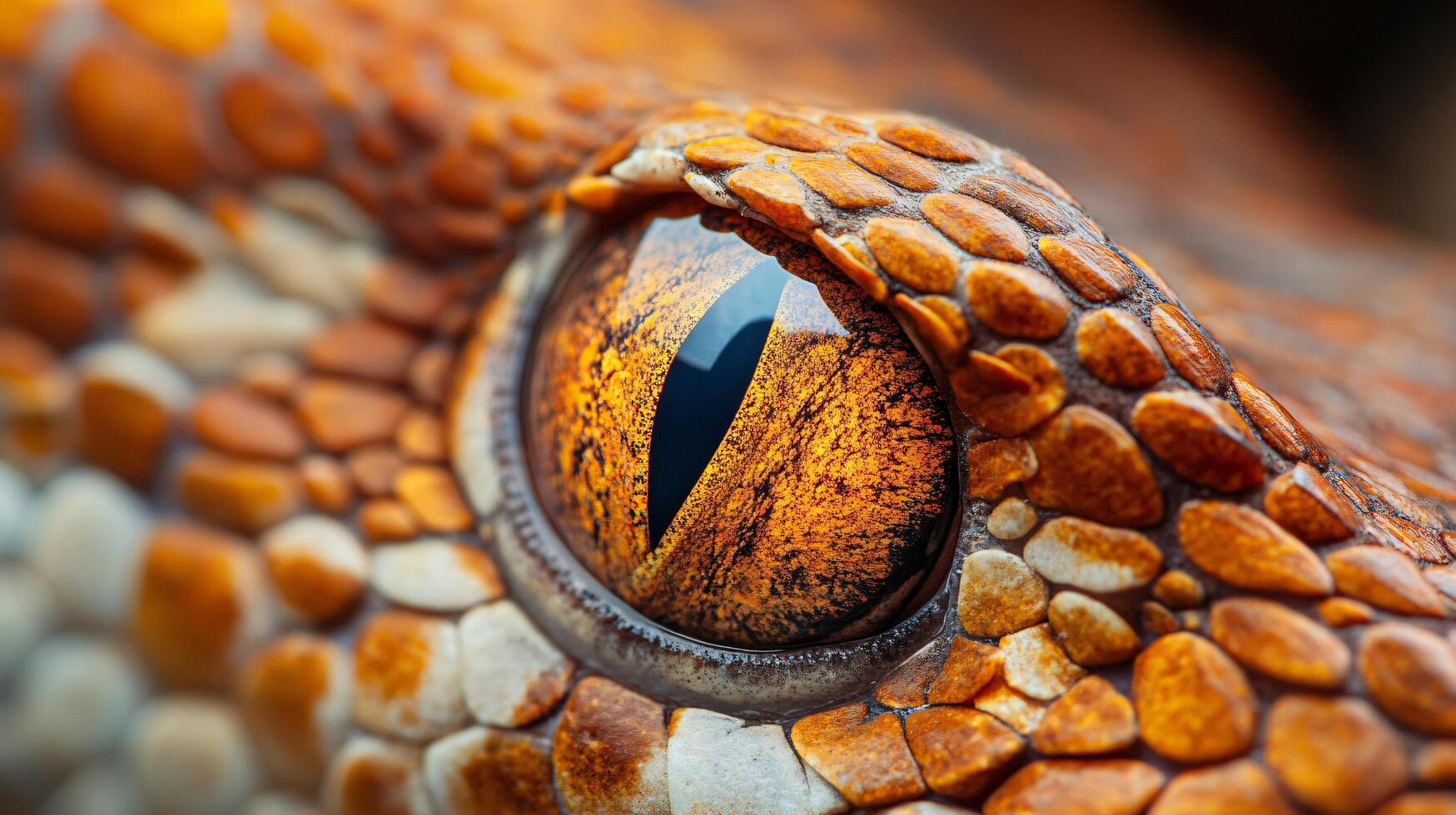 Close up of a snake's eye with a black pupil. The eye is surrounded by a pattern of orange and white scales photo