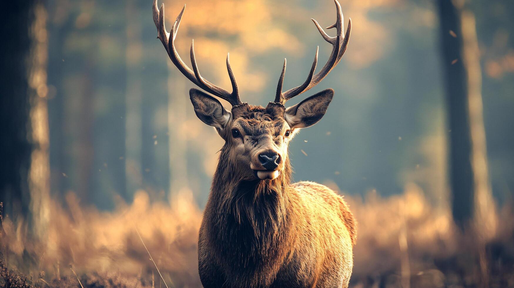 Deer with large antlers stands in a field of tall grass. Concept of wildness and freedom, as the deer roams freely in its natural habitat photo