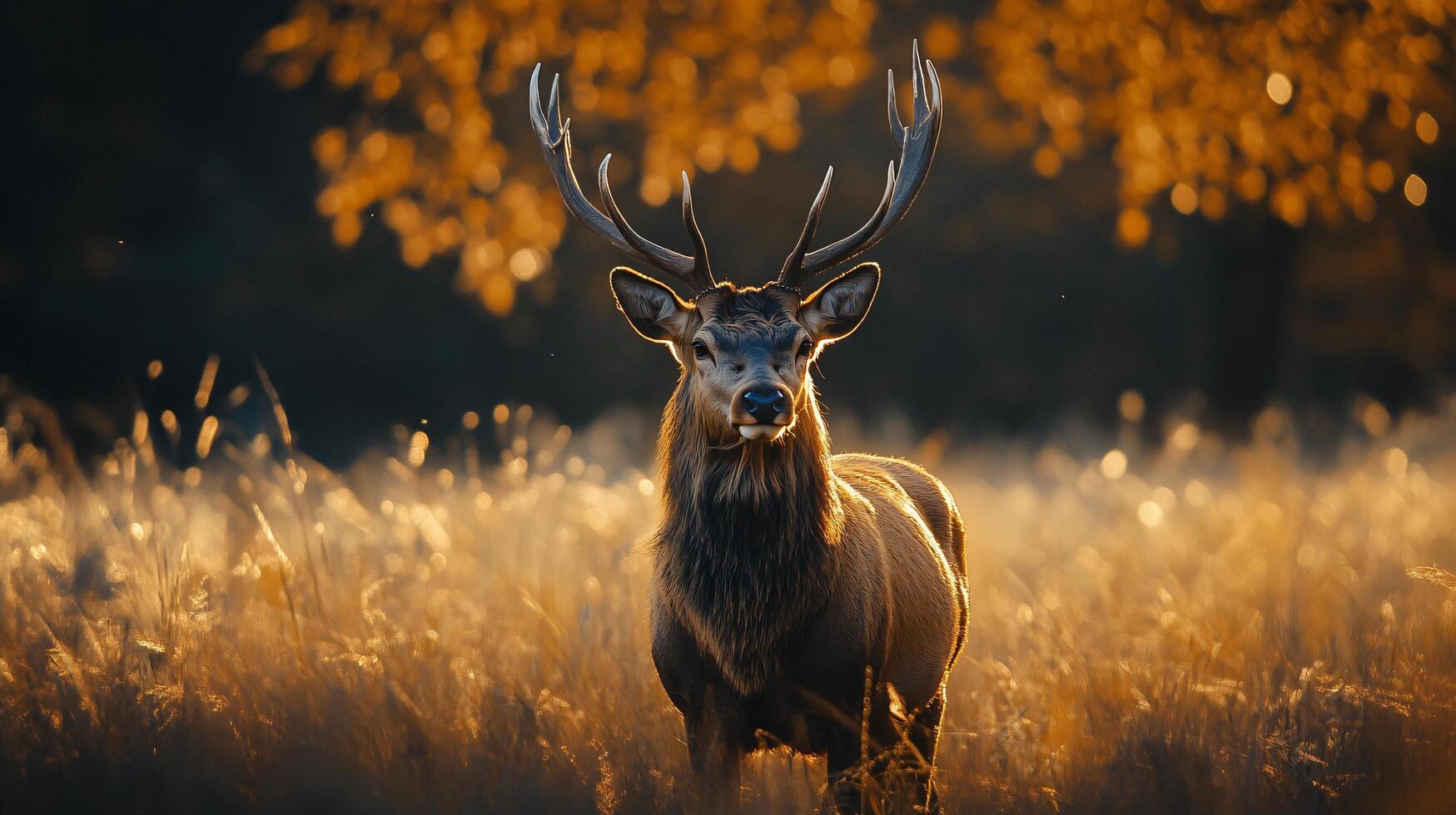 Deer stands in a field of tall grass. The deer is brown and has large antlers. The grass is dry and brown, and the sun is shining brightly. The scene is peaceful and serene photo
