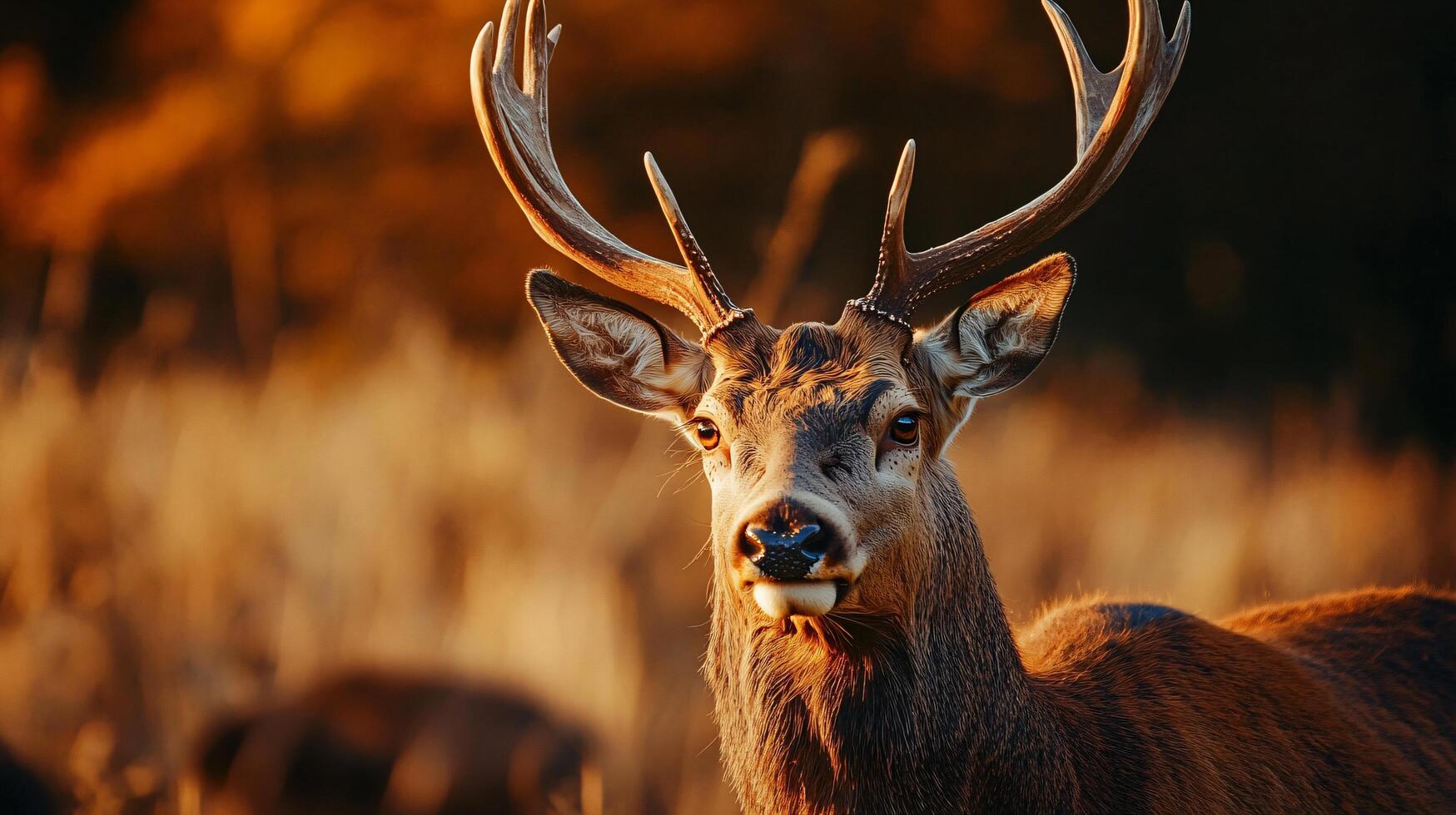 Deer with large antlers stands in a field of tall grass. The deer is looking directly at the camera, and its antlers are visible above its head. The scene is peaceful and serene photo