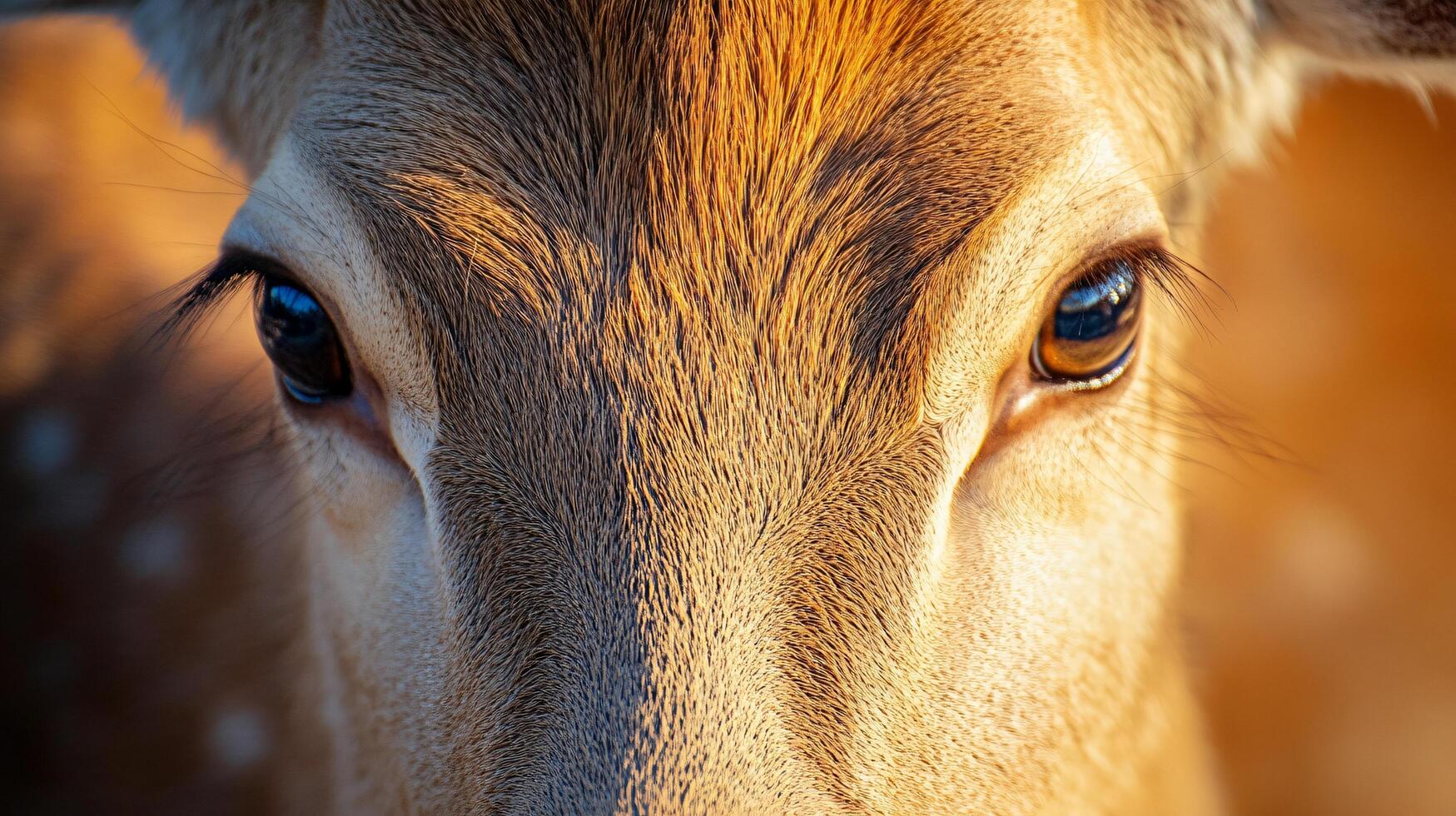Deer with brown eyes and a brown face. The eyes are open and the deer is looking straight ahead photo