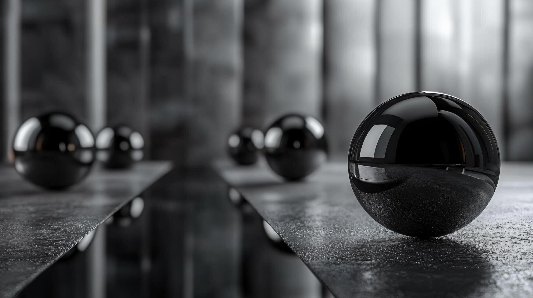 Series of black spheres are arranged in a row, with one of them being a large, shiny black ball. The image has a minimalist and modern feel, with the black spheres creating a sense of order photo
