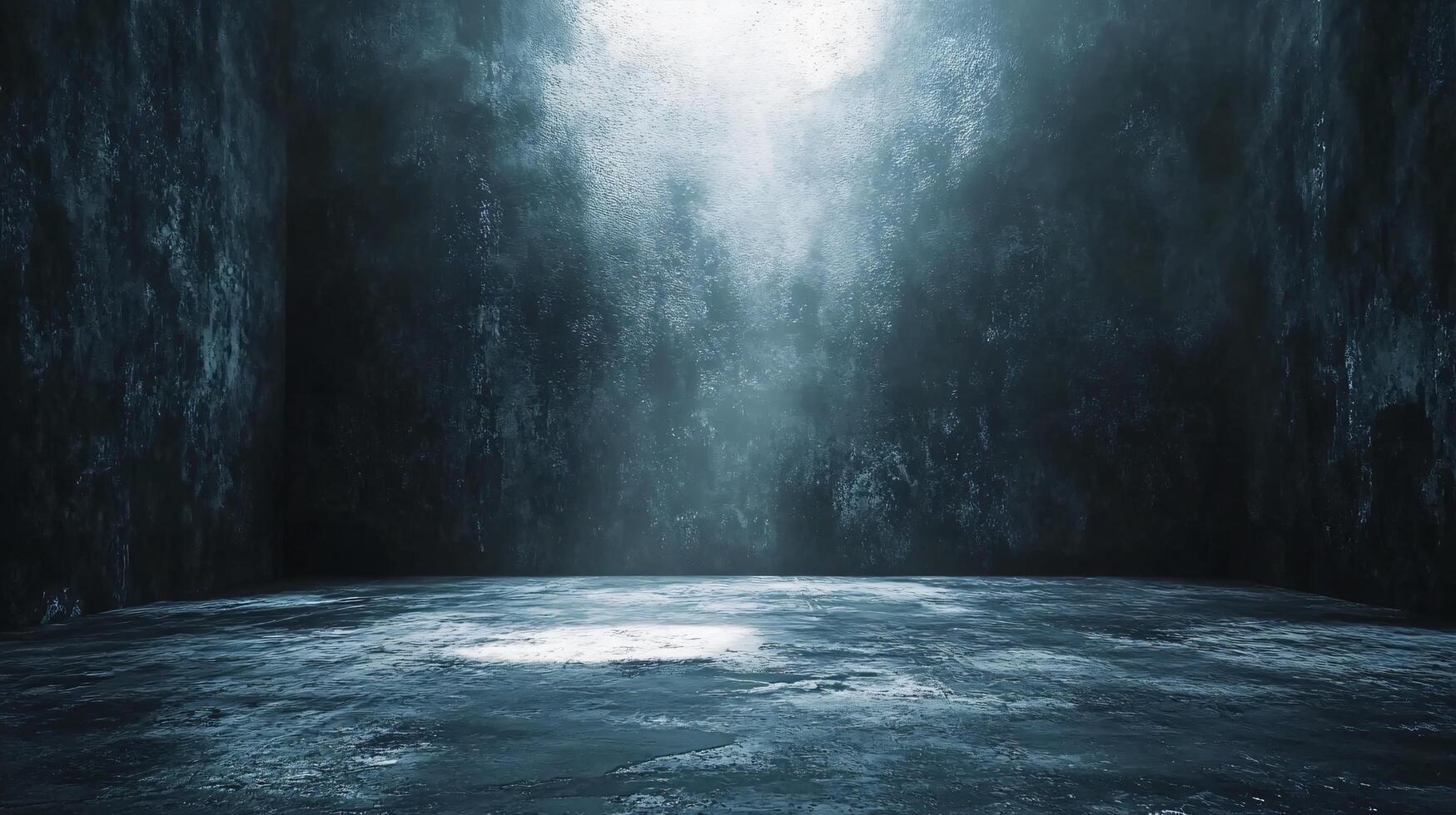 Dark room with a blue wall and a floor. The room is empty and has a cold, eerie atmosphere photo