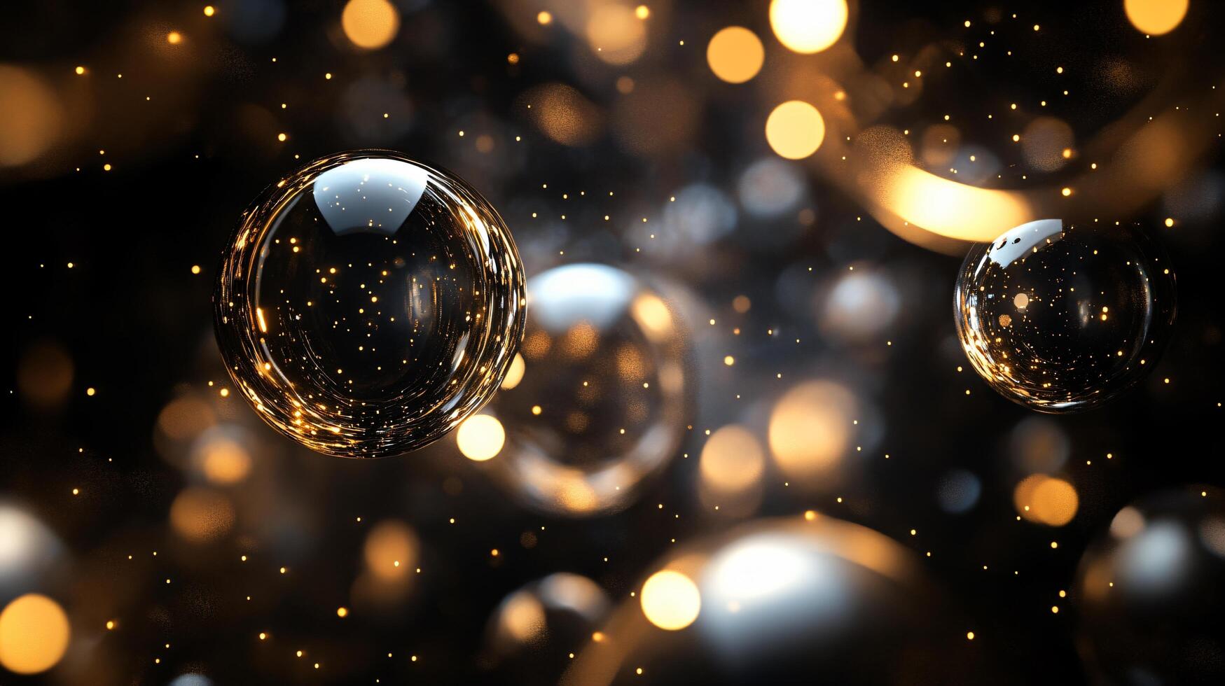 Close up of a bunch of shiny, metallic spheres. The spheres are scattered throughout the image, with some closer to the foreground and others further back. Scene is one of luxury and opulence photo