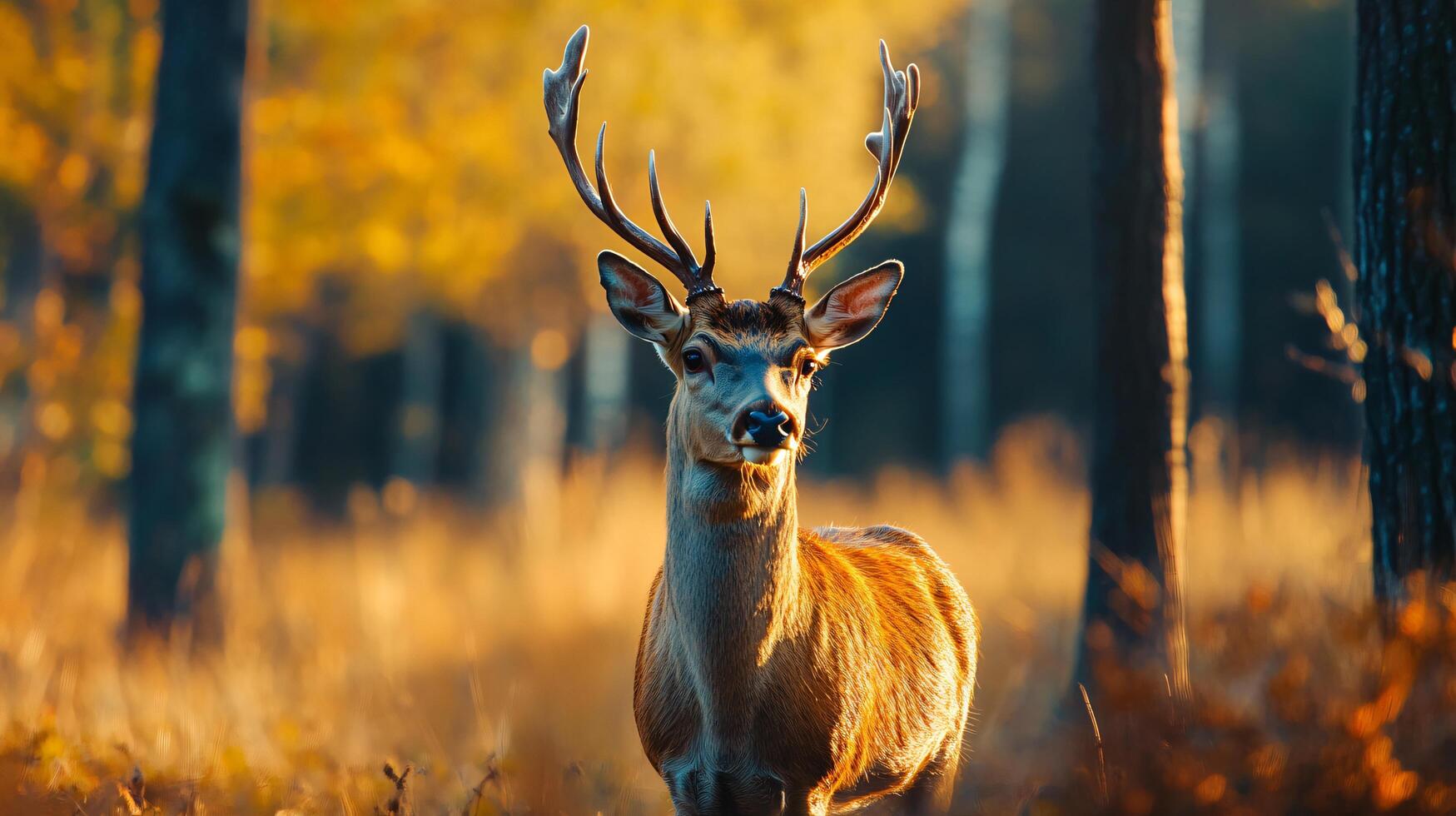 Deer stands in a field of yellow grass. The deer is looking to the right. The image has a peaceful and serene mood photo