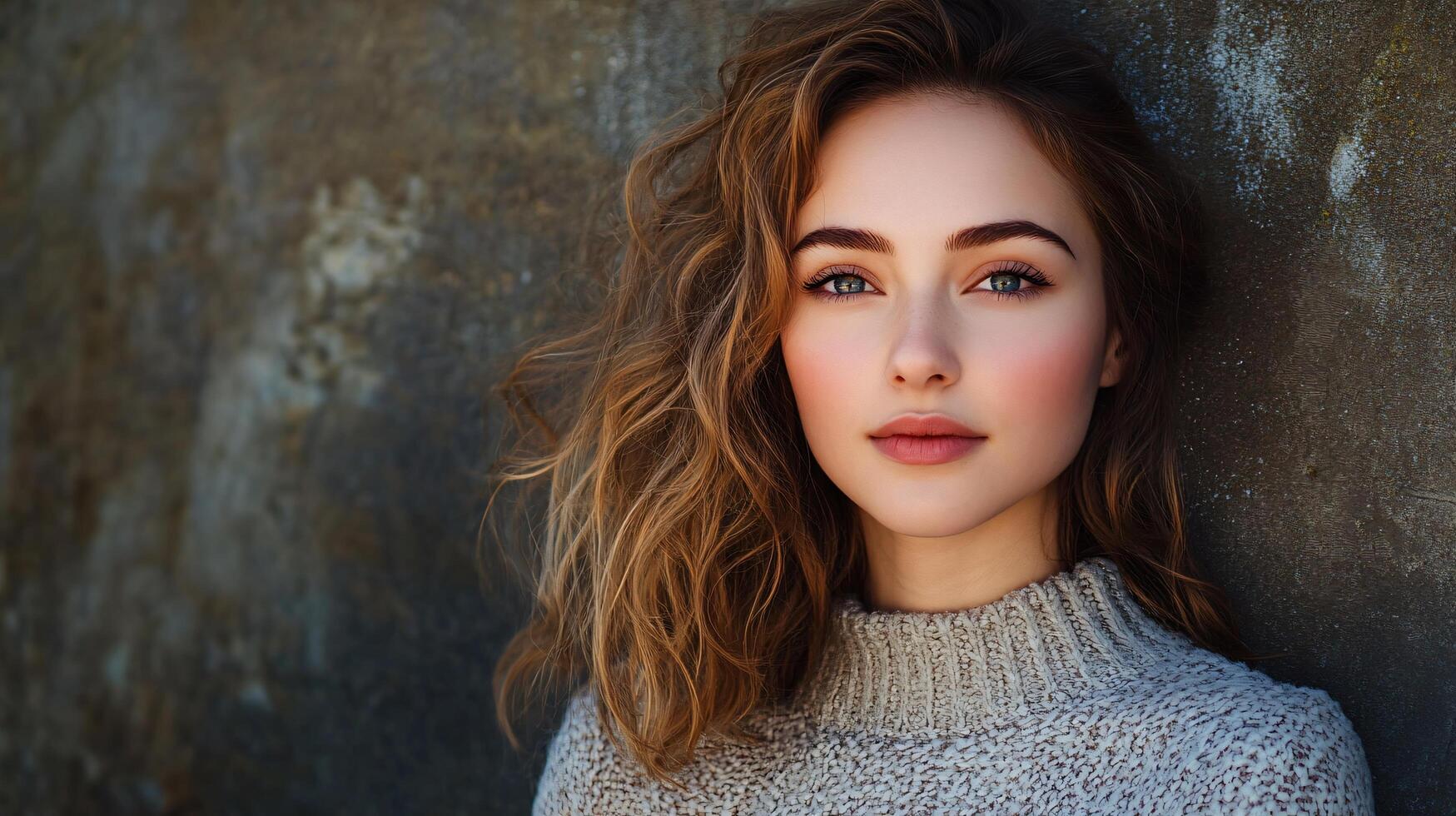 Woman with long brown hair and a sweater on stands in front of a wall. She has a serious expression on her face photo