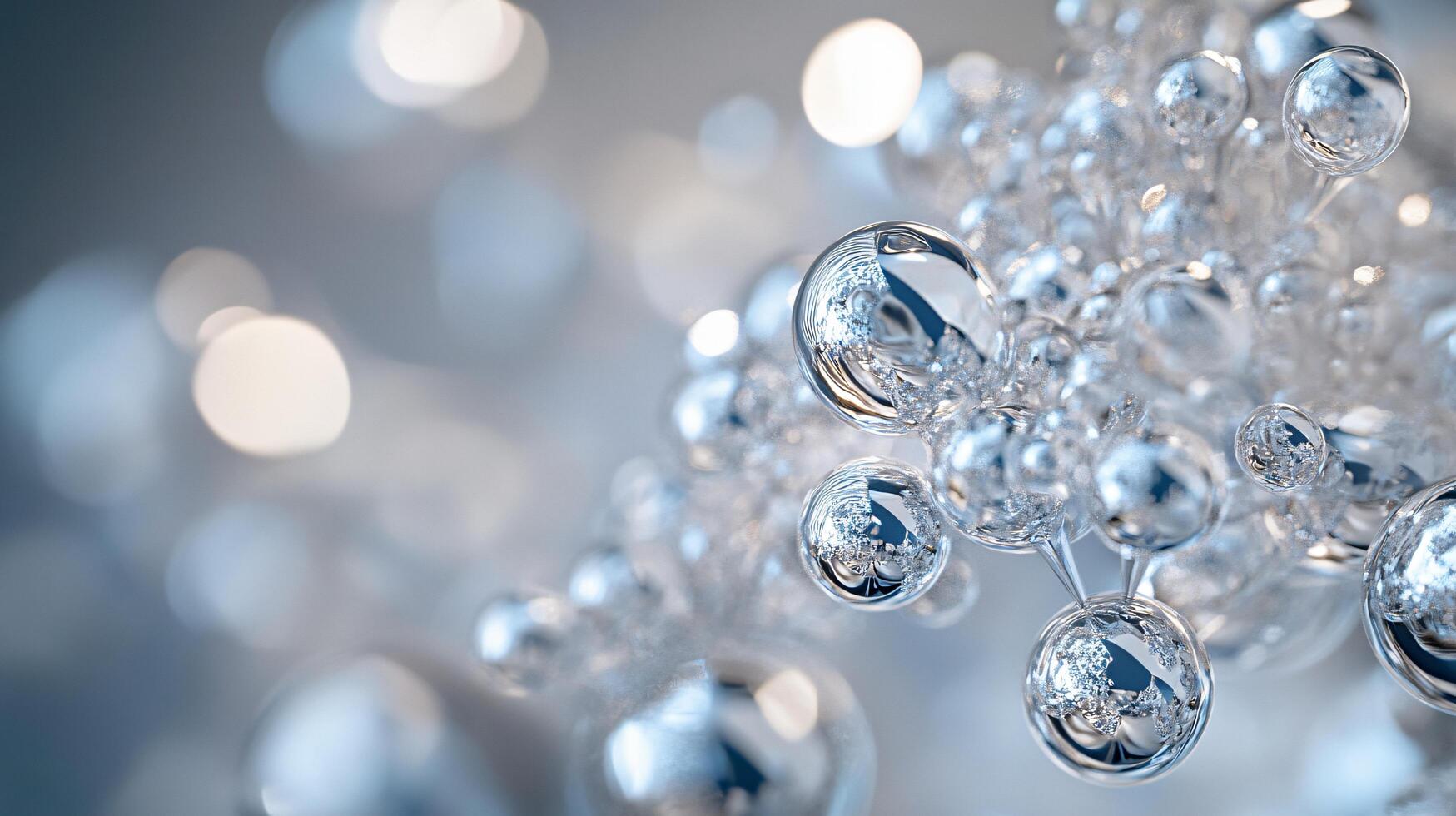 Cluster of shiny, metallic spheres that appear to be floating in mid-air. The spheres are arranged in a way that creates a sense of movement and energy photo