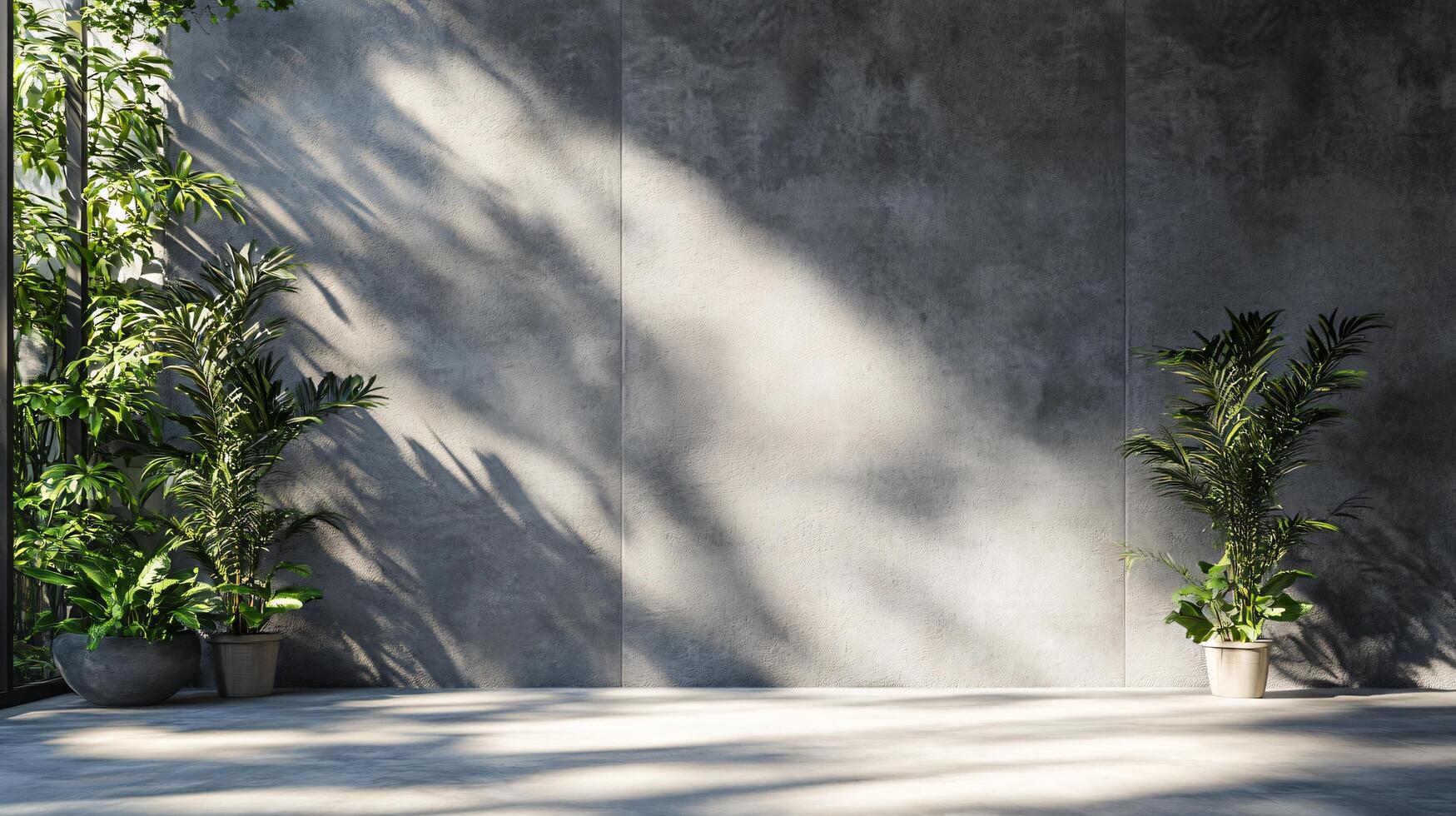 Wall with two potted plants and a window. The plants are in the foreground and the wall is in the background photo