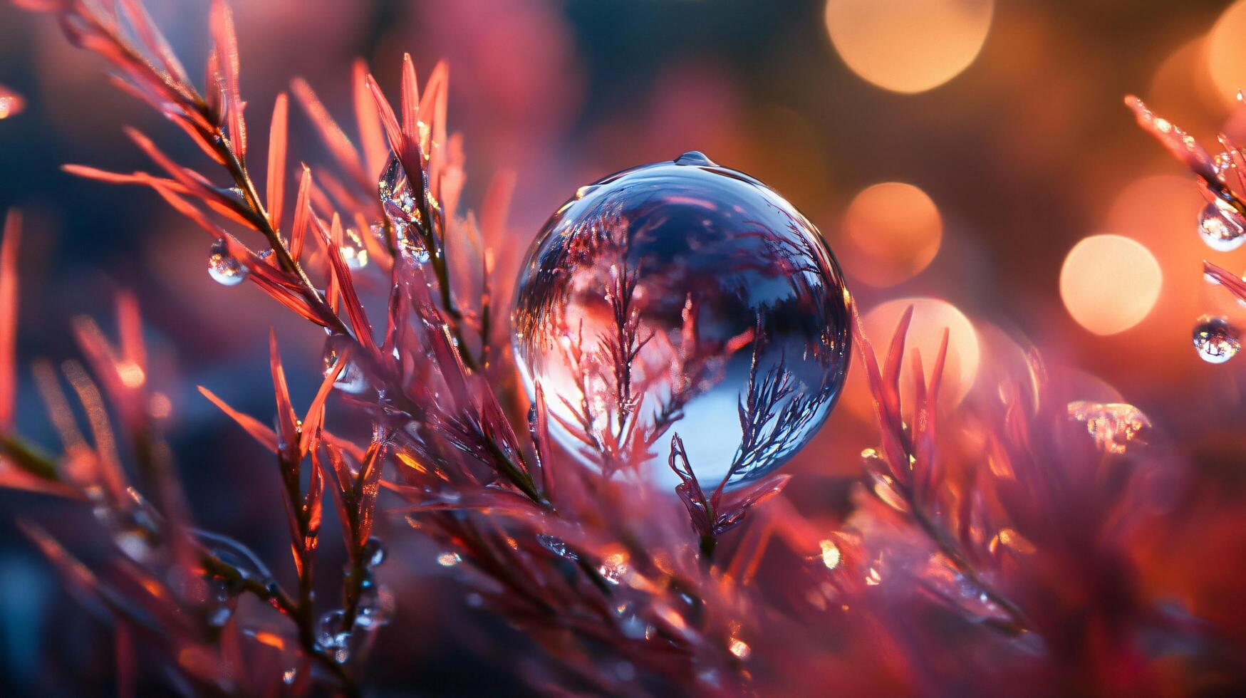 Beautiful image of a flower with a clear, round droplet of water on it. The droplet is surrounded by the flower's leaves, which are also wet. The image has a serene and calming mood photo