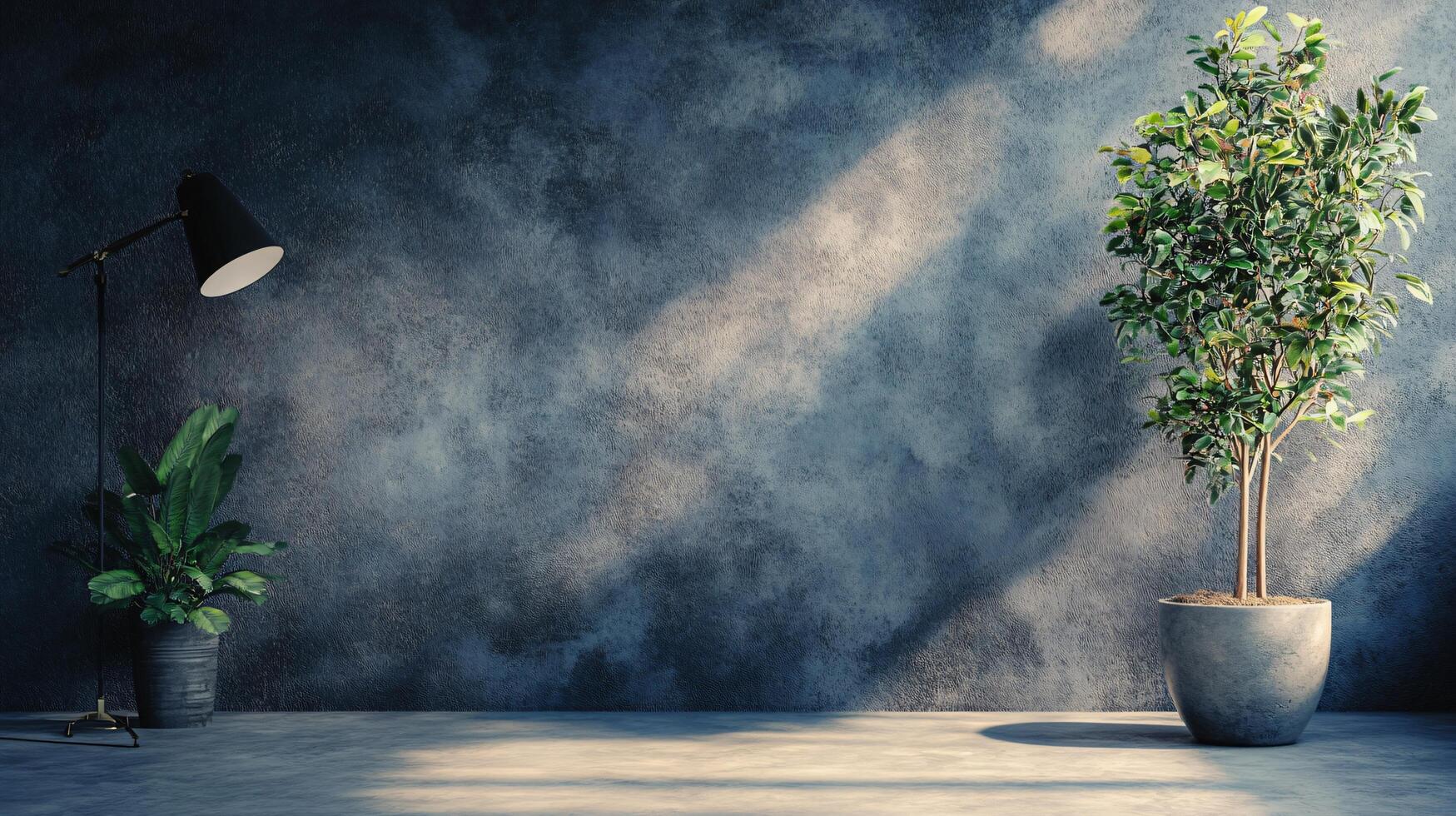 Large potted plant sits in front of a wall with a lamp on the floor. The room is empty and the plant is the only decoration photo