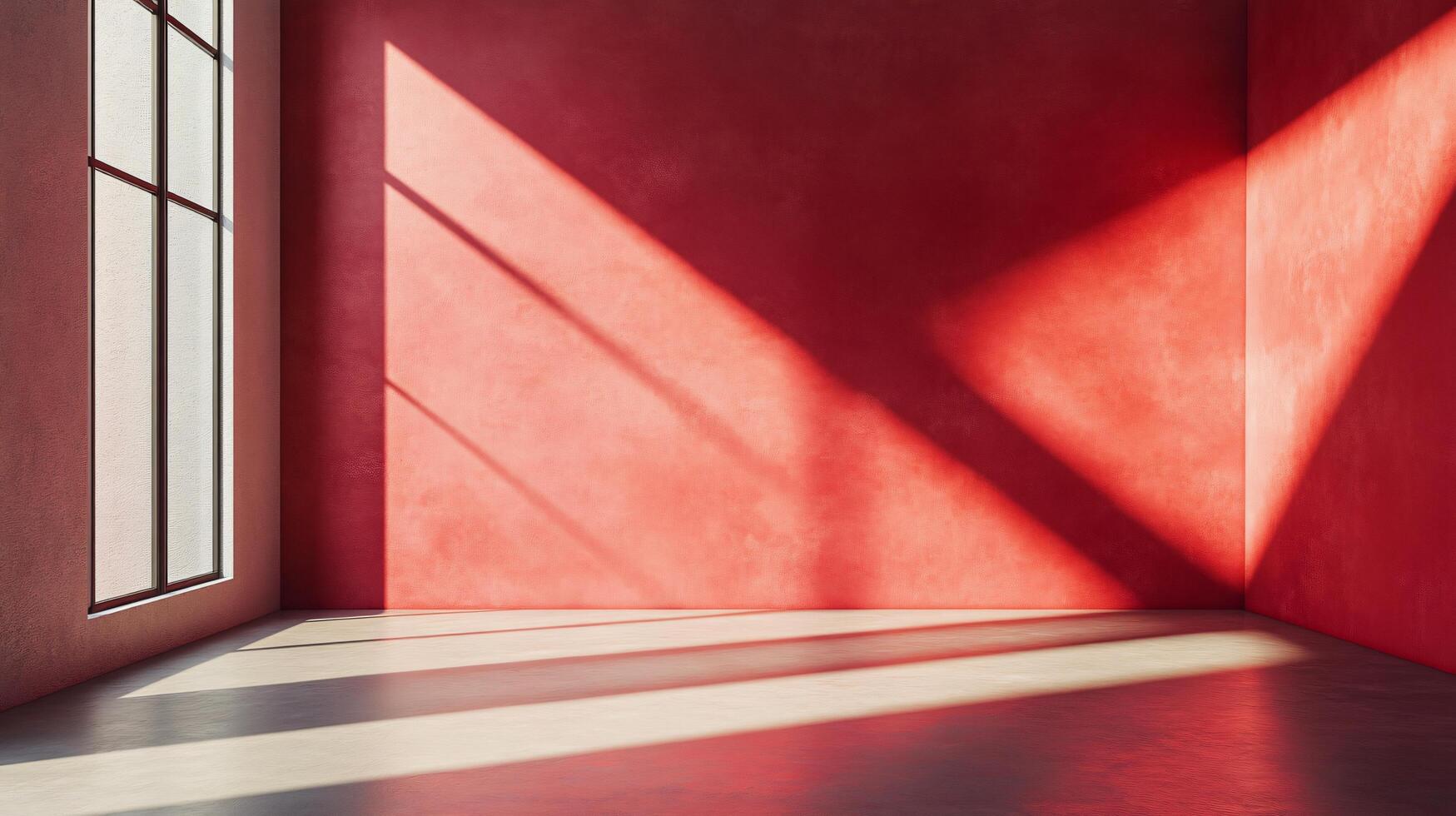 Room with a red wall and a window. The room is empty and the sun is shining through the window photo