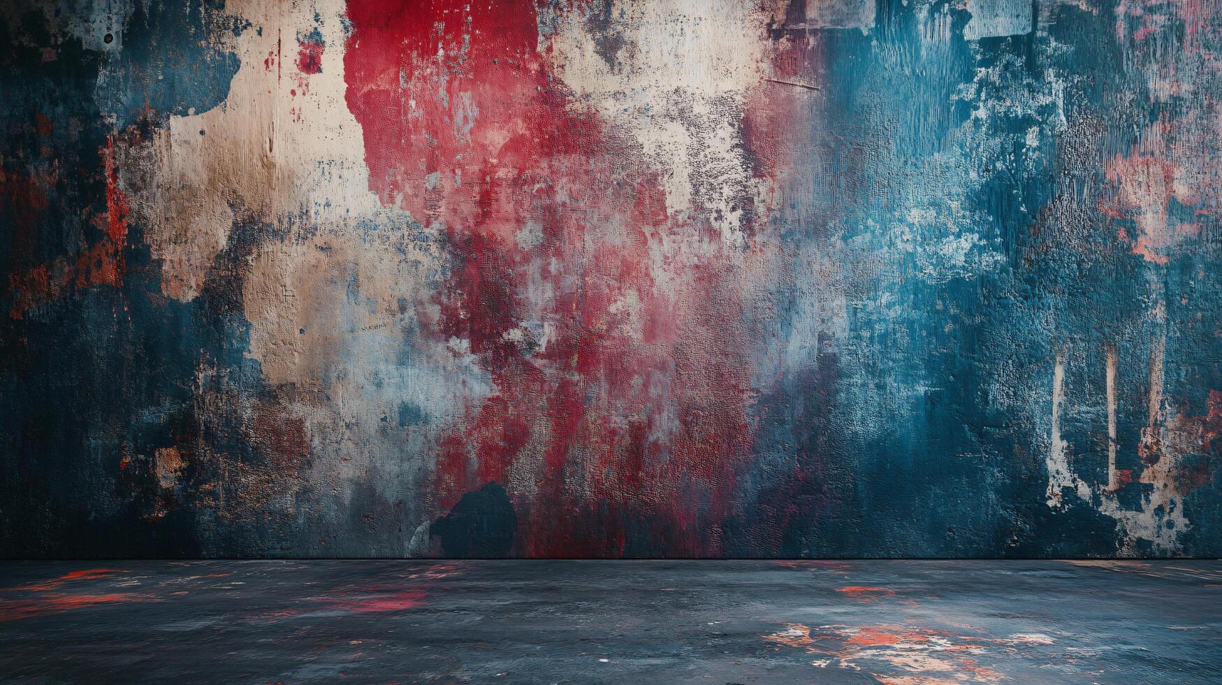Wall with red, blue and white splatters. The wall is empty and has a lot of texture photo