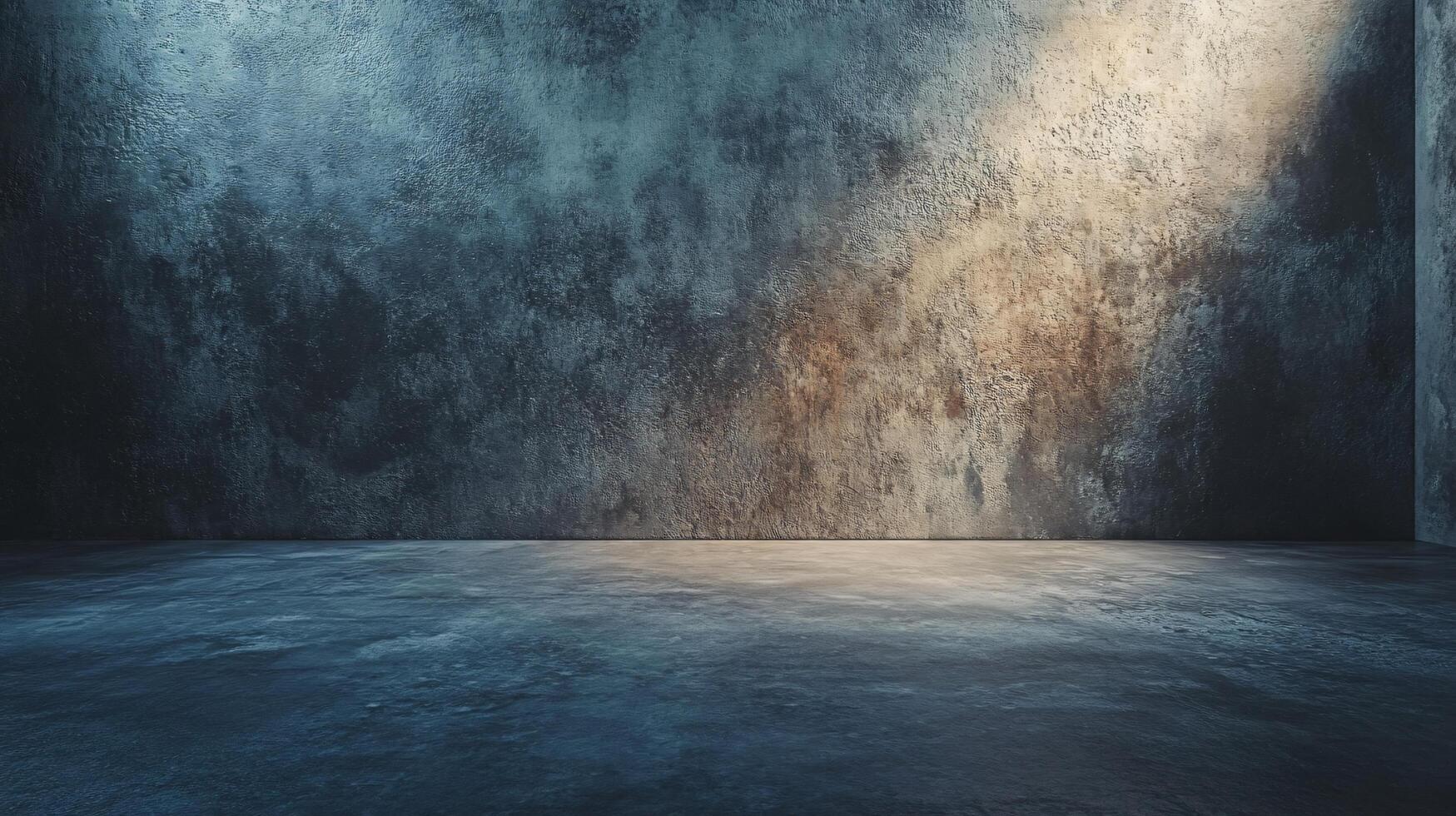 Large empty room with a blue wall and a white wall. The room is empty and has a very cold and empty feeling photo