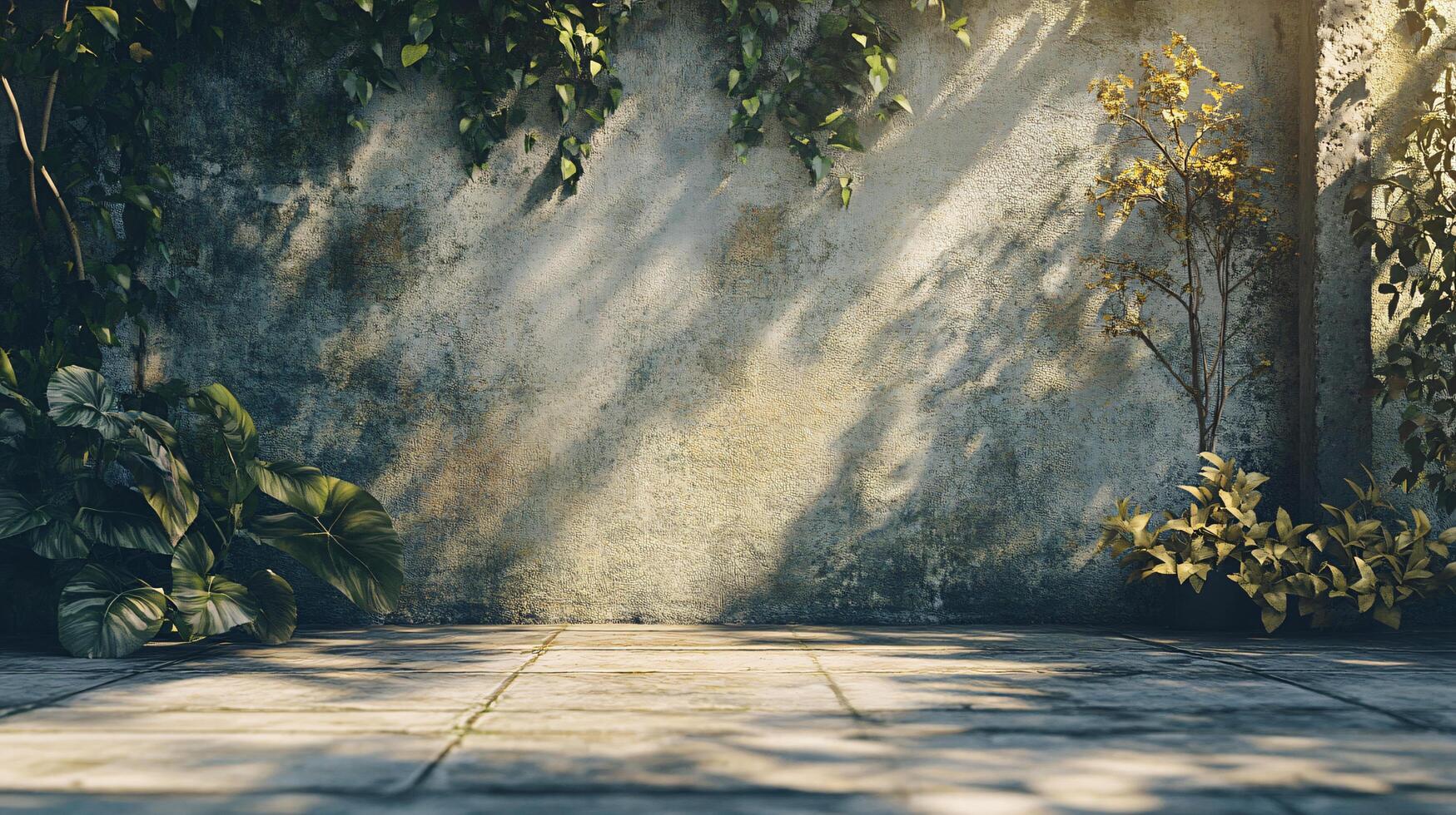 Wall with a tree in front of it and a plant on the wall. The wall is made of concrete and has a lot of moss on it. The tree is small and has yellow leaves photo