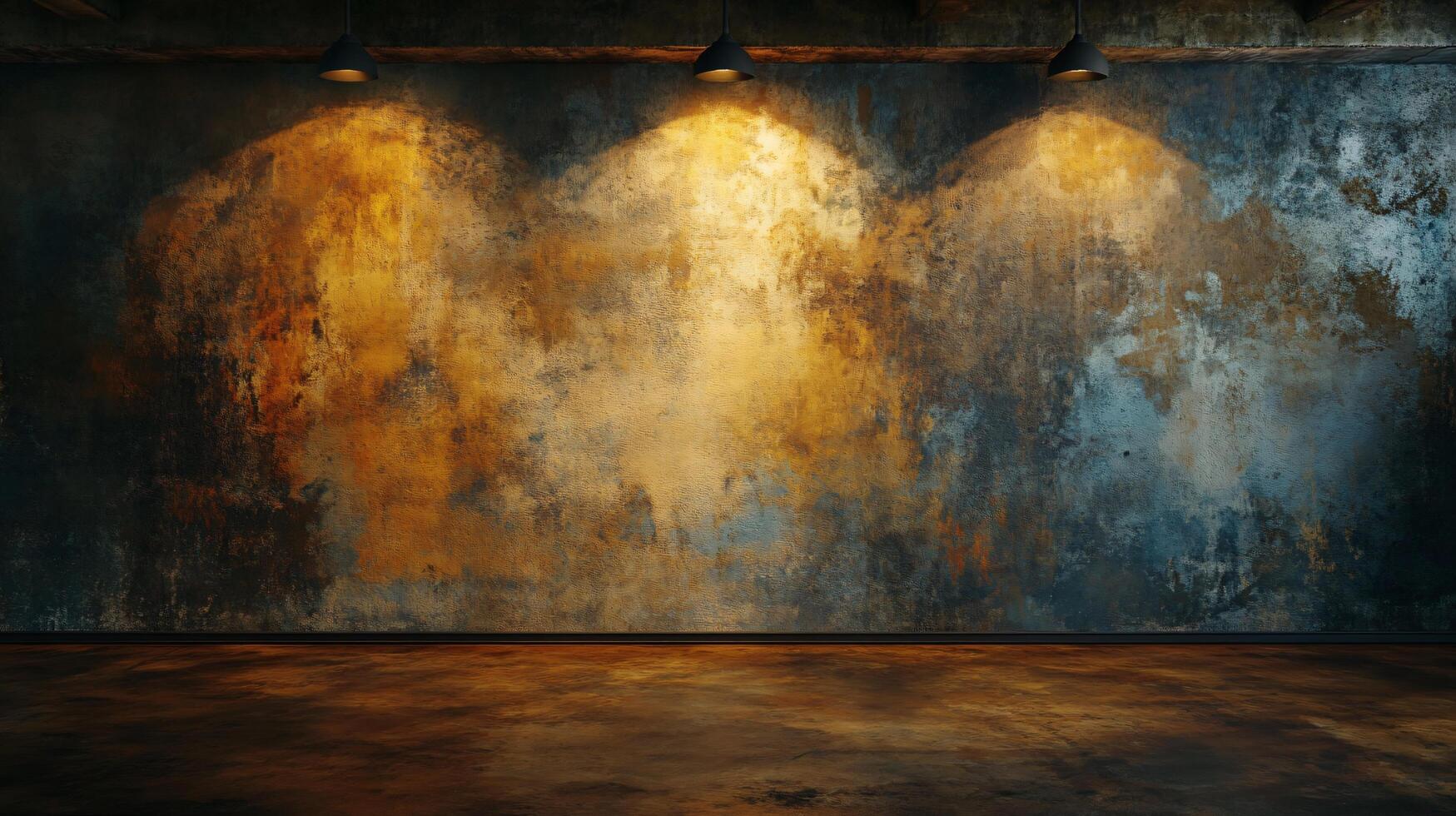 Wall with three lights on it. The wall is empty and has a rustic feel photo