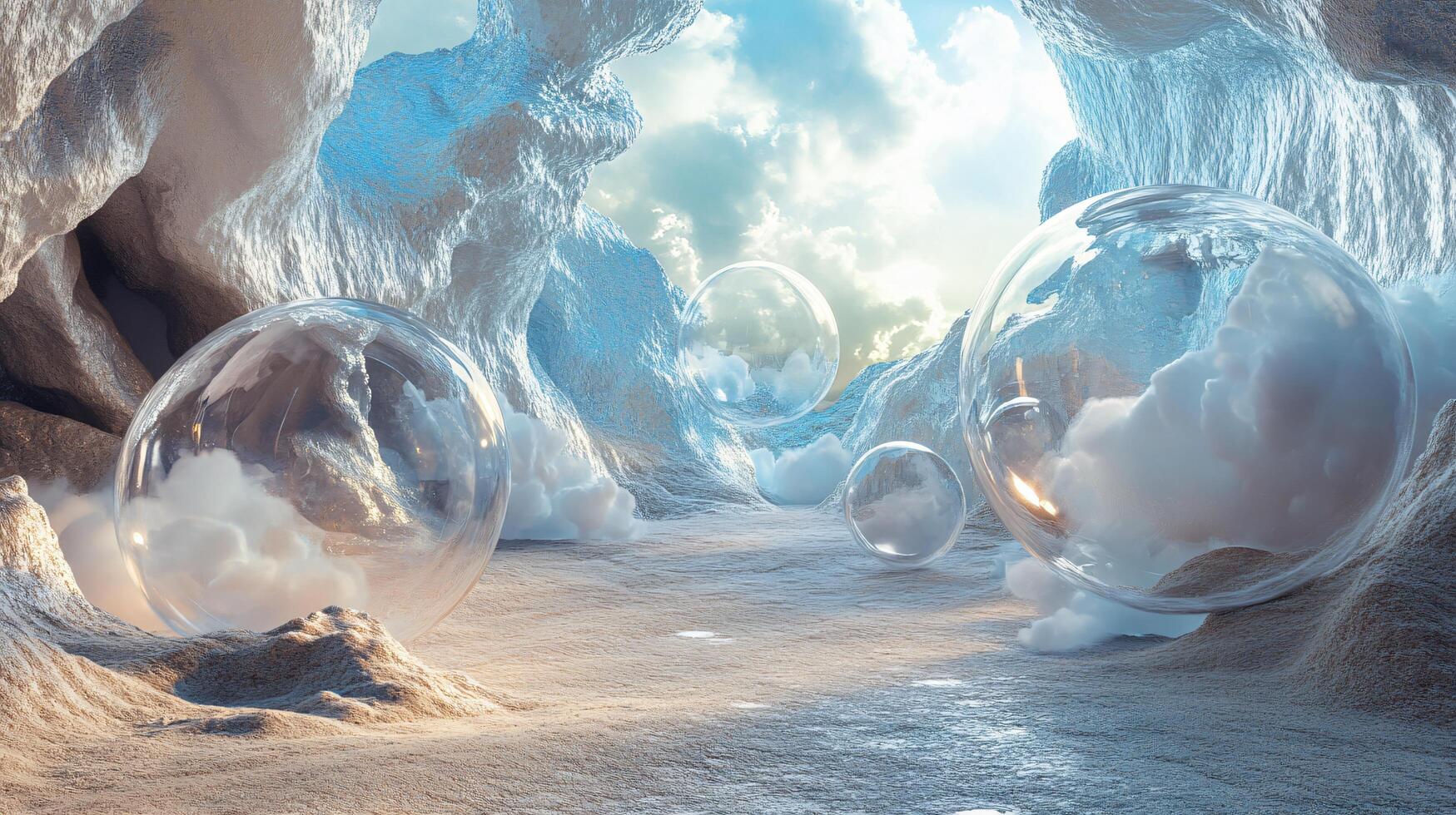 Scene of a cave with three large bubbles floating in the air. The bubbles are surrounded by a white background and the sky is cloudy photo